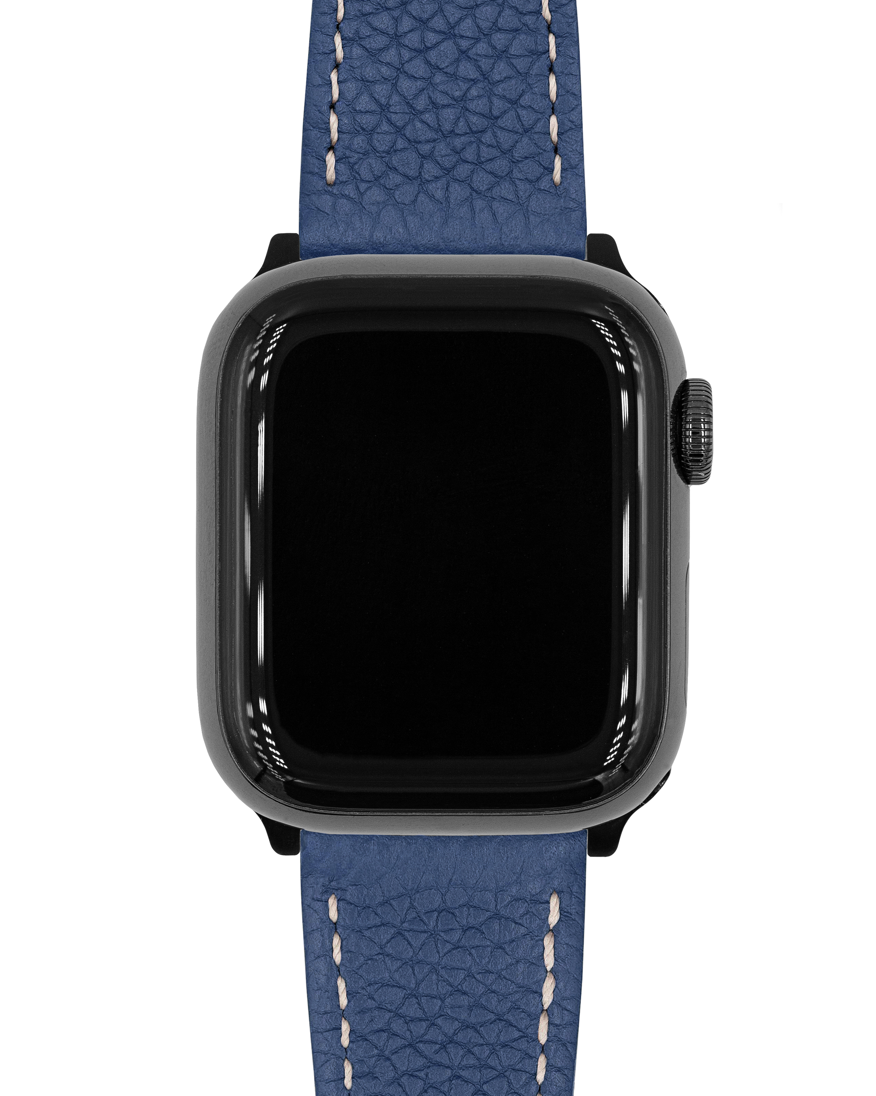 Eine schwarze Smartwatch mit blauem Lederarmband. Das Zifferblatt ist schwarz, das Armband hat weiße Nähte.