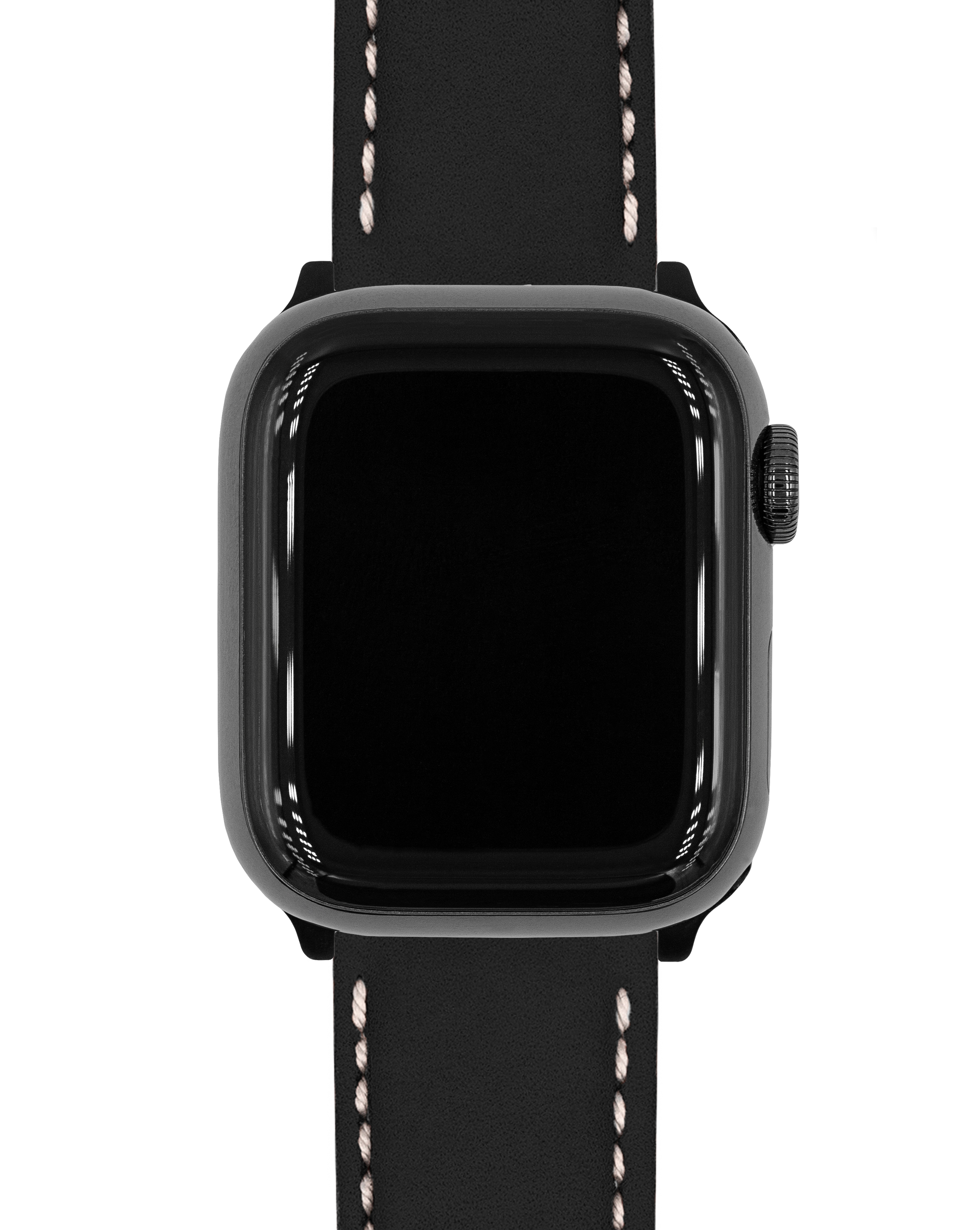 Schwarze Smartwatch mit Lederarmband. Die Uhr hat einen schwarzen Bildschirm und eine Seitentaste. Weißer Hintergrund.
