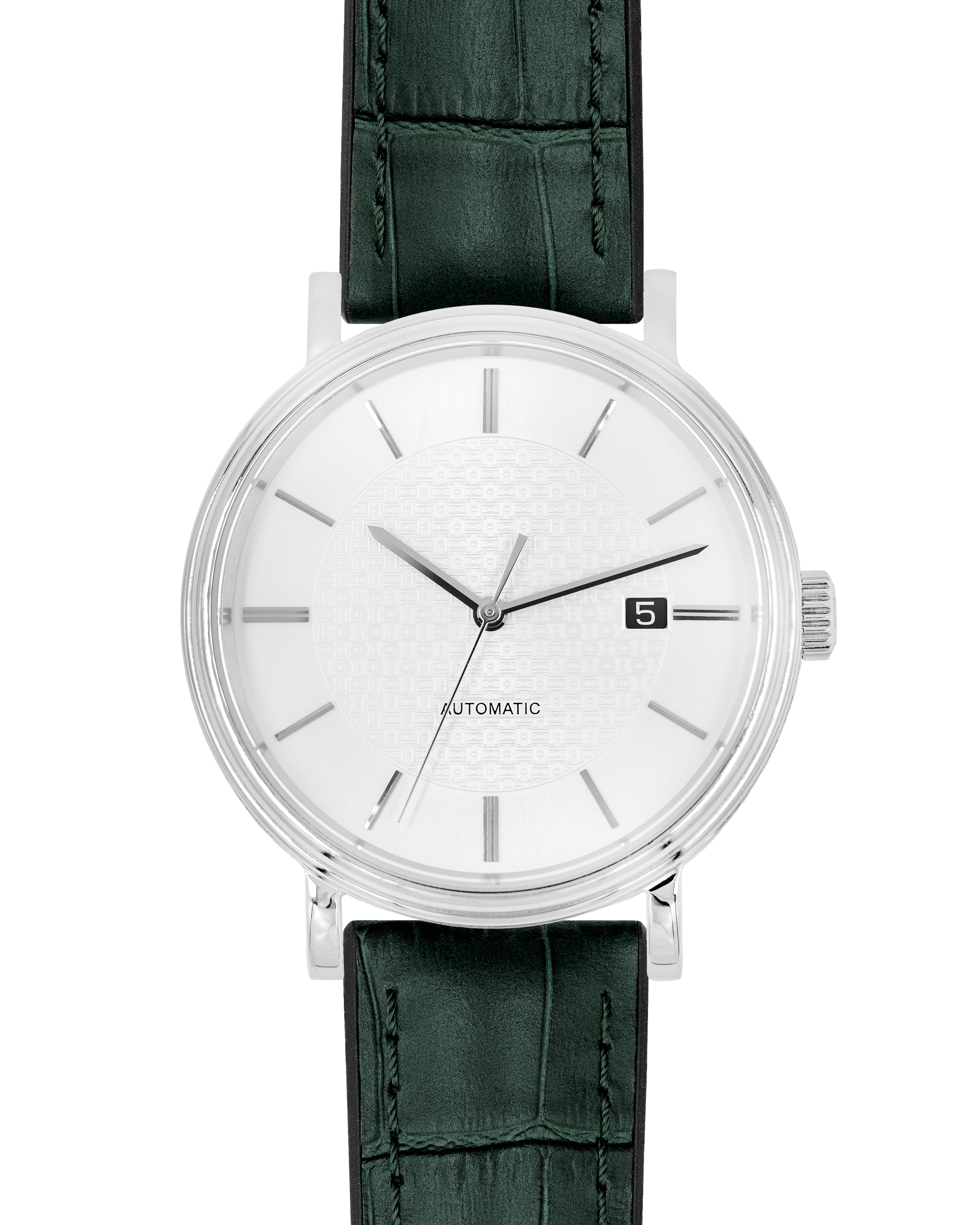 Eine silberne Uhr mit weißem Zifferblatt, schwarzen Zeigern, Datumsfenster und dunkelgrünem Lederarmband.
