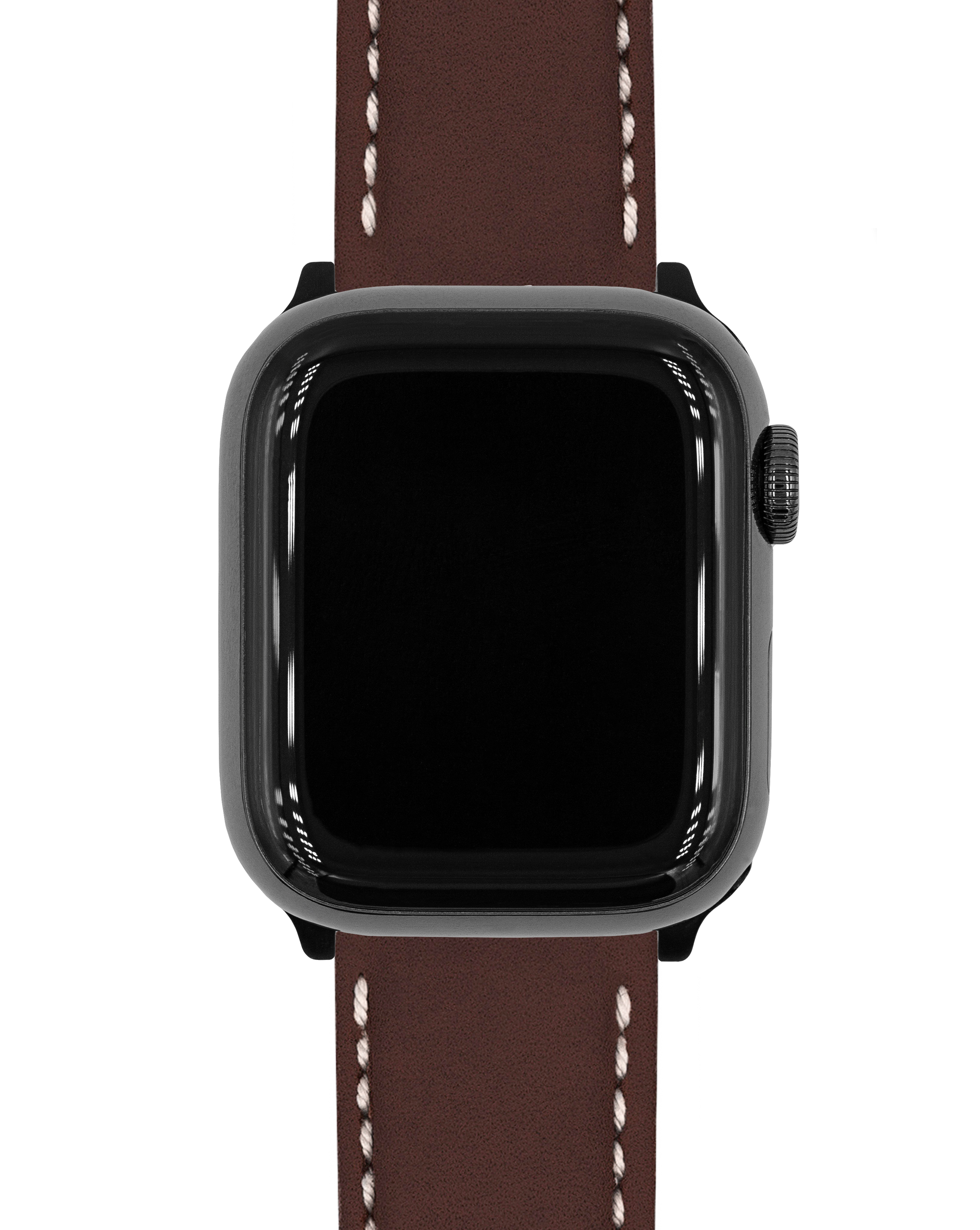 Eine schwarze Smartwatch mit braunem Lederarmband und weißen Nähten. Der Bildschirm ist schwarz.