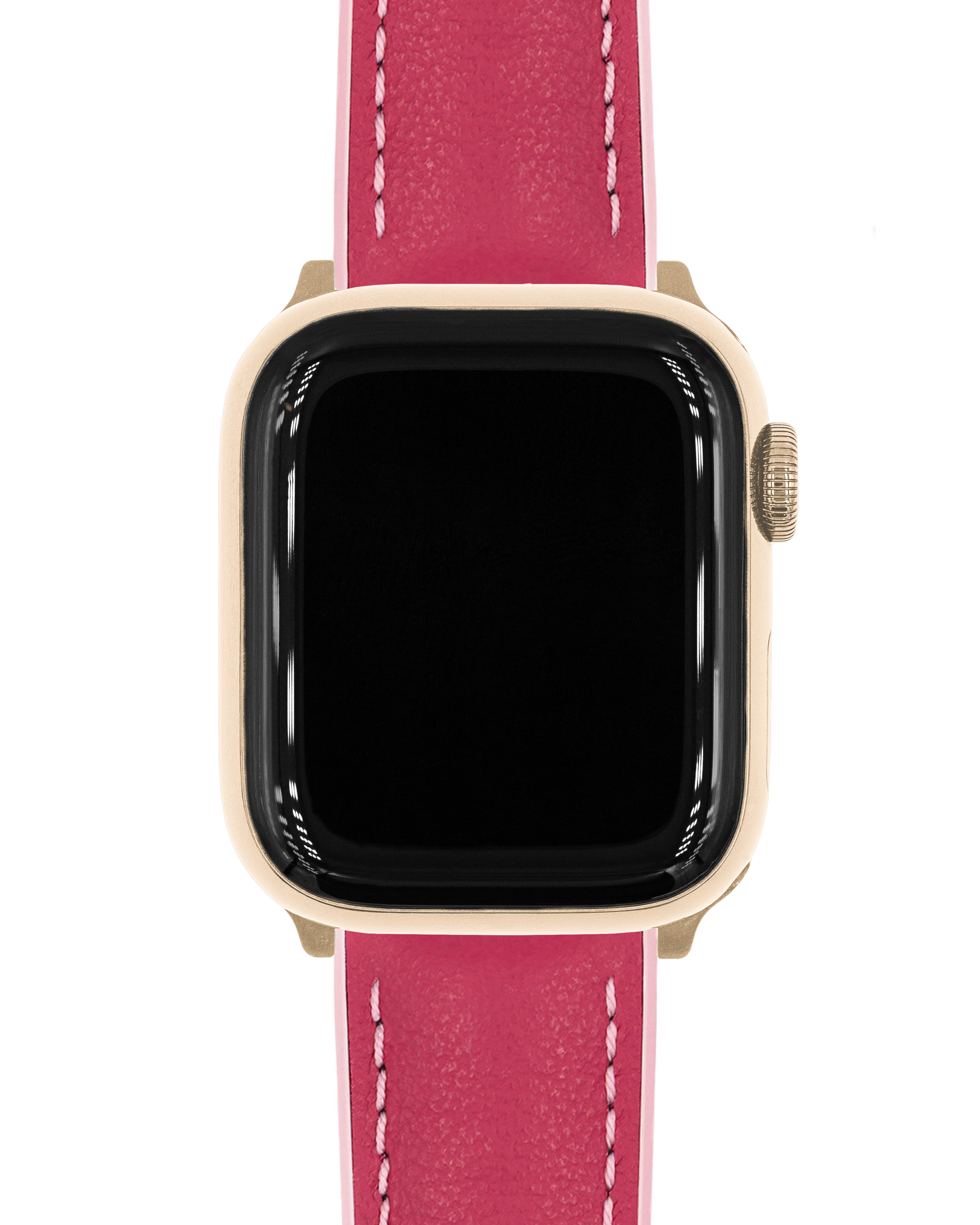Eine goldene Smartwatch mit schwarzem Bildschirm auf weißem Hintergrund. Sie hat ein rotes Lederarmband mit weißen Nähten.