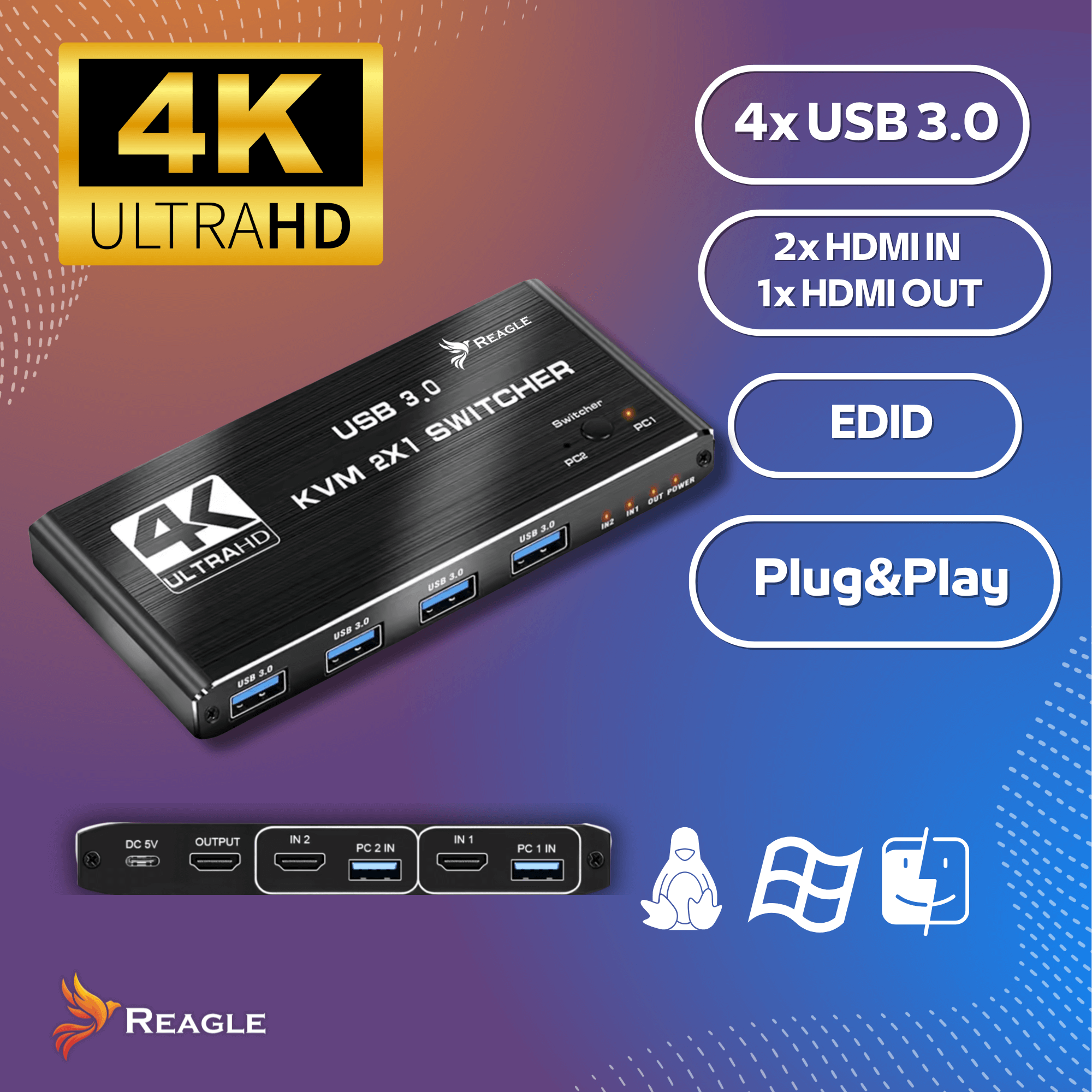 Czarny przełącznik KVM 2x1 z portami USB i HDMI, oznaczony tekstem takim jak '4K ULTRAHD' i 'USB 3.0'.