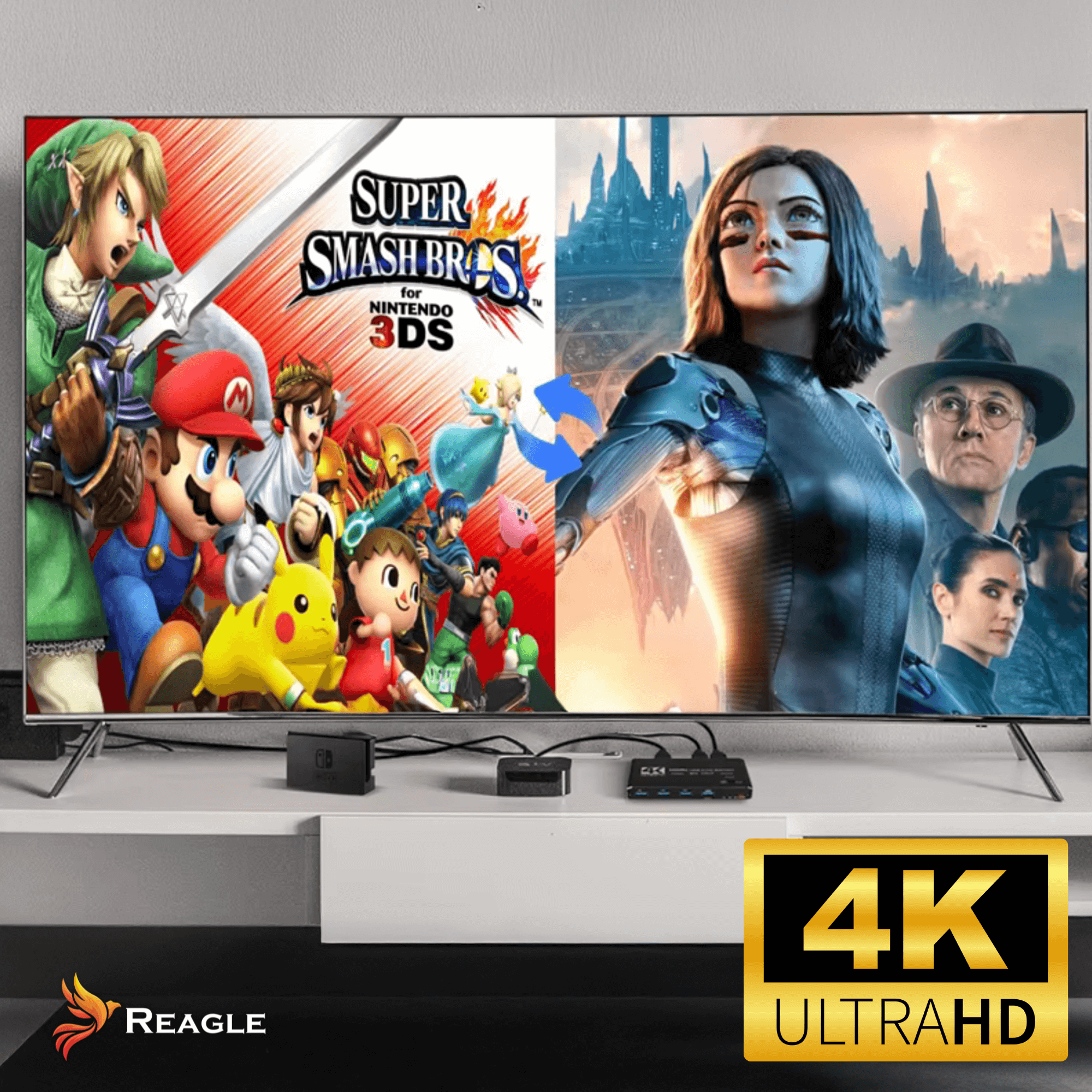 Ekran TV podzielony: postacie Super Smash Bros. po lewej, film Alita po prawej. Logo 4K Ultra HD na dole.