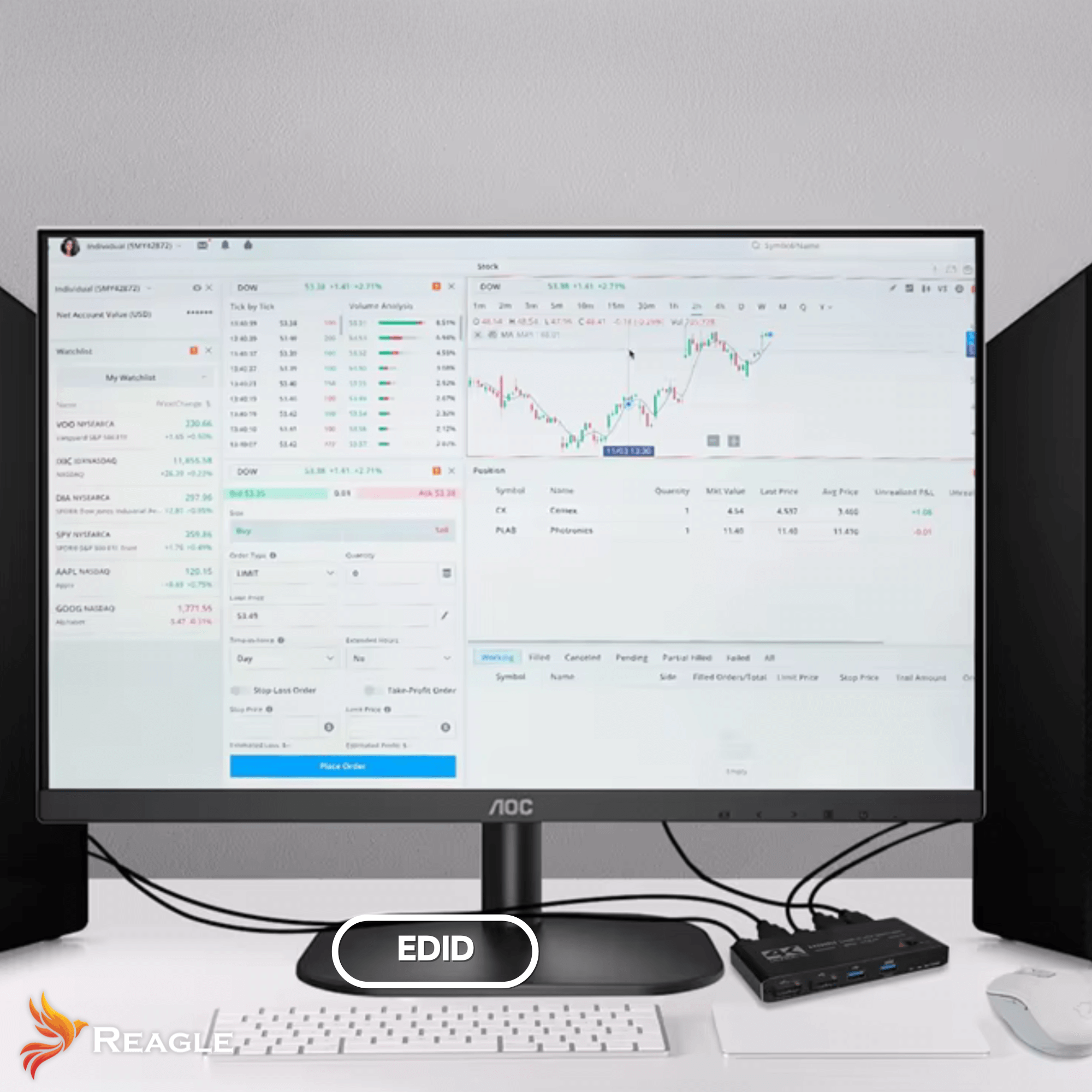 Ekran komputera wyświetla dane giełdowe, klawiaturę, mysz i czarne urządzenie na biurku. Widoczne jest logo.