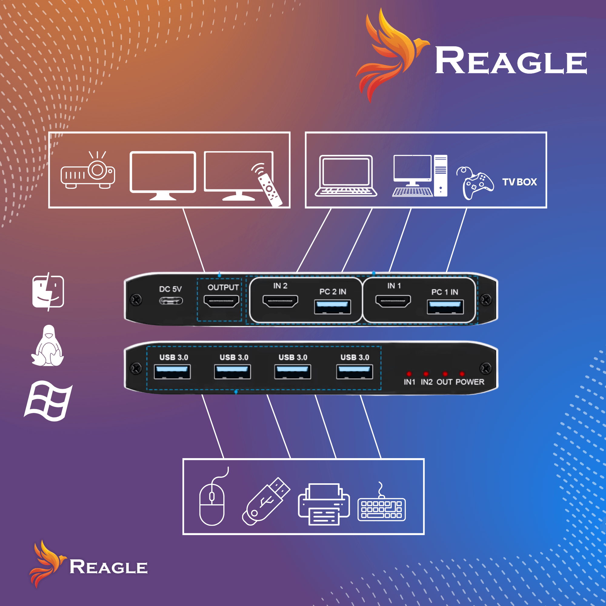 Schemat urządzenia Reagle z różnymi wejściami i wyjściami, w tym portami USB 3.0 i połączeniami dla wielu urządzeń.