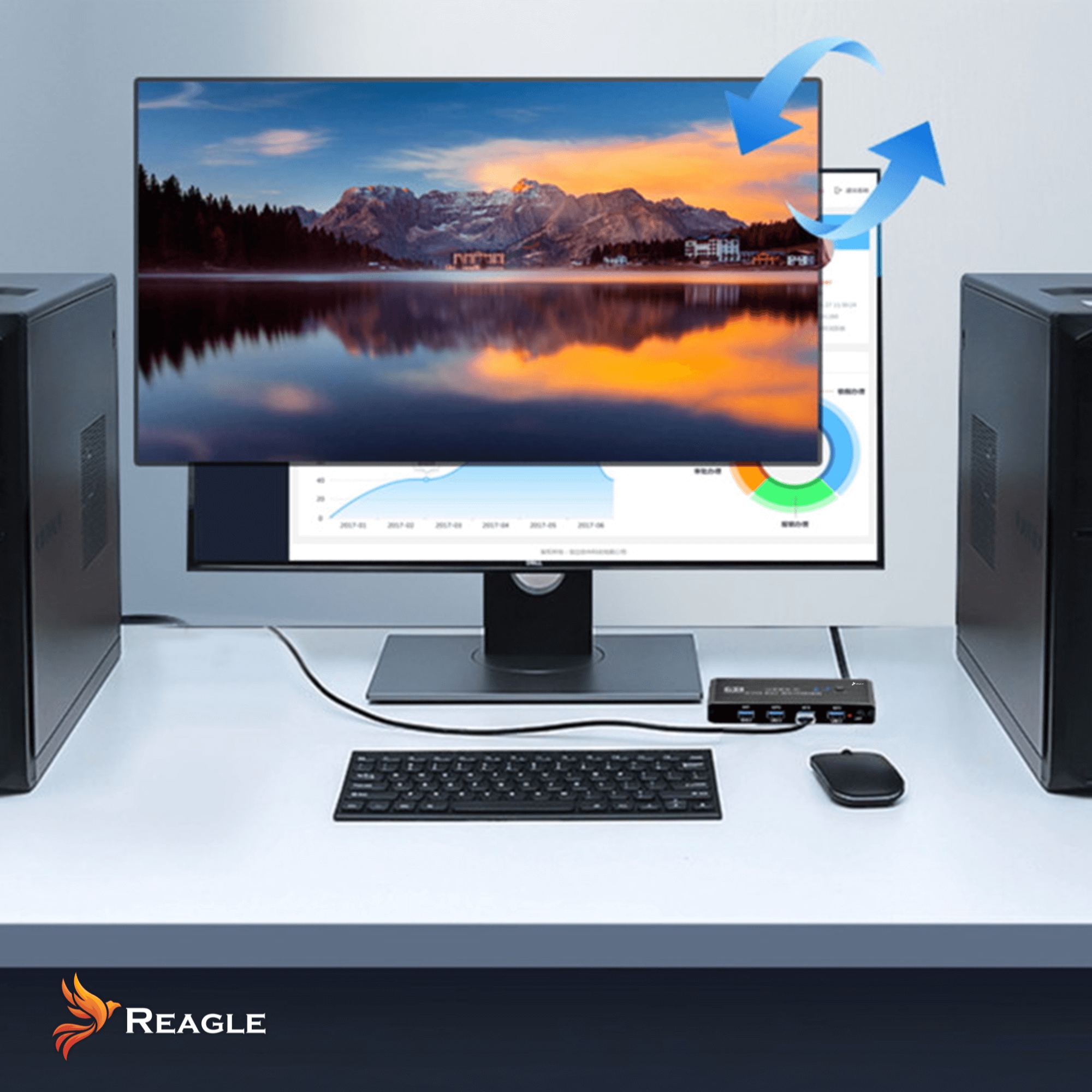 Konfiguracja komputera z monitorem wyświetlającym krajobraz, klawiaturą, myszą i koncentratorem USB.