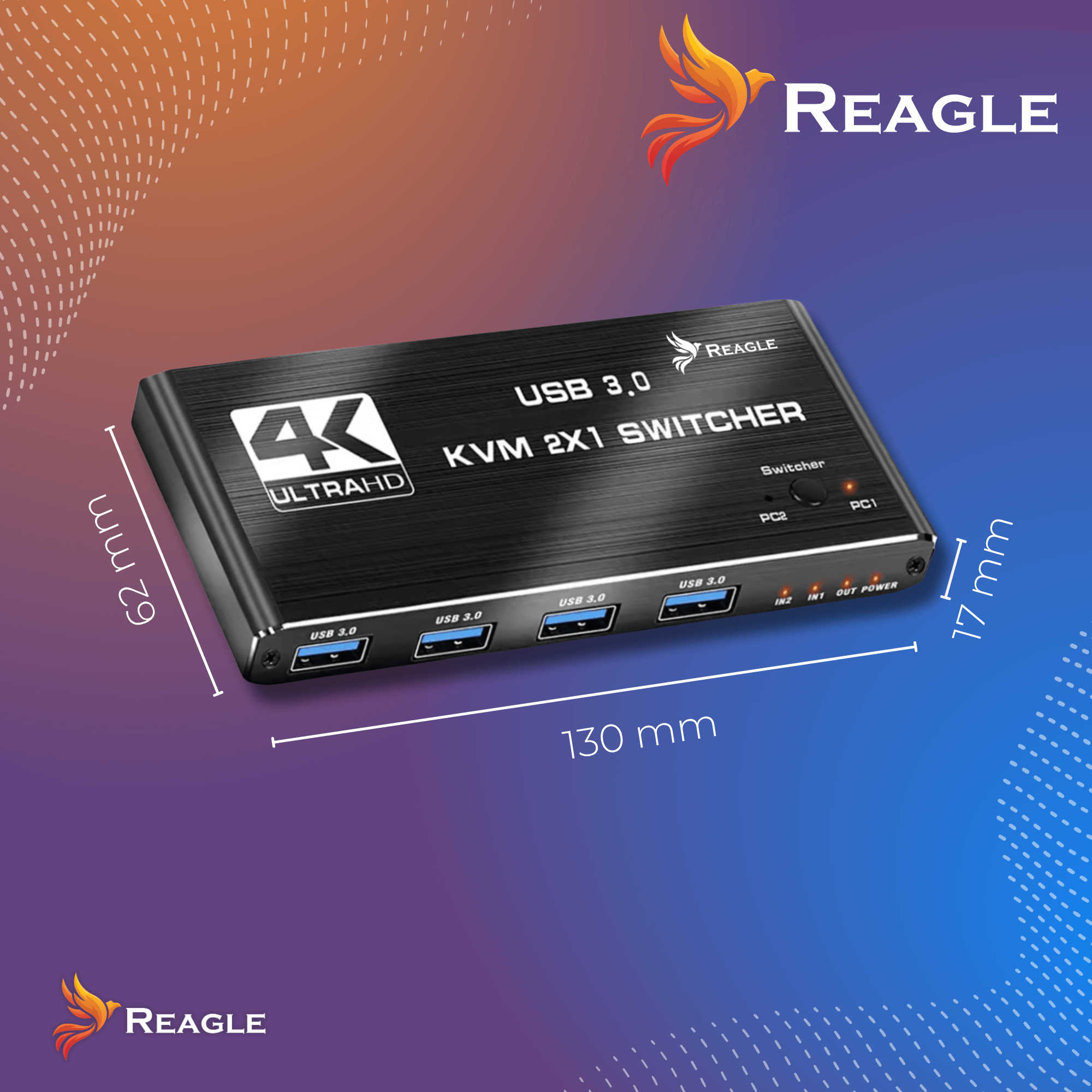 Czarny przełącznik KVM 2x1 USB 3.0 z wymiarami. Widoczne logo Reagle.