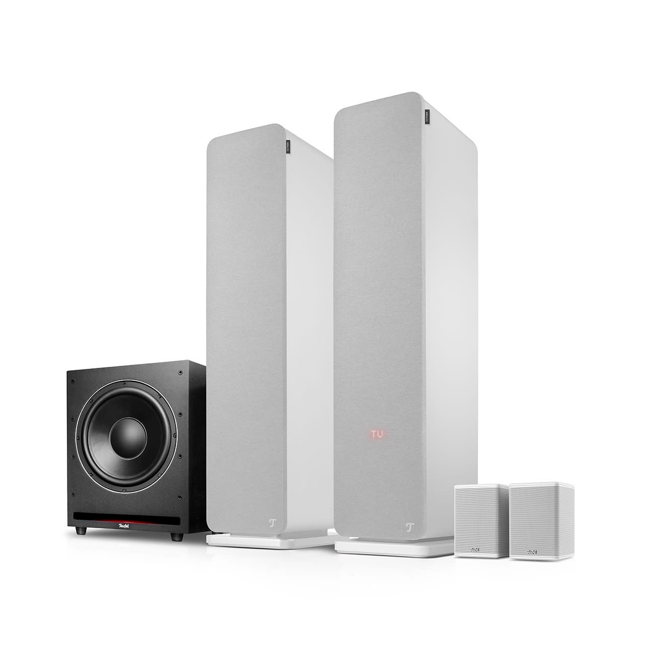 Ein Lautsprechersystem mit einem schwarzen Subwoofer, zwei hohen hellgrauen Lautsprechern und zwei kleinen grauen Lautsprechern.
