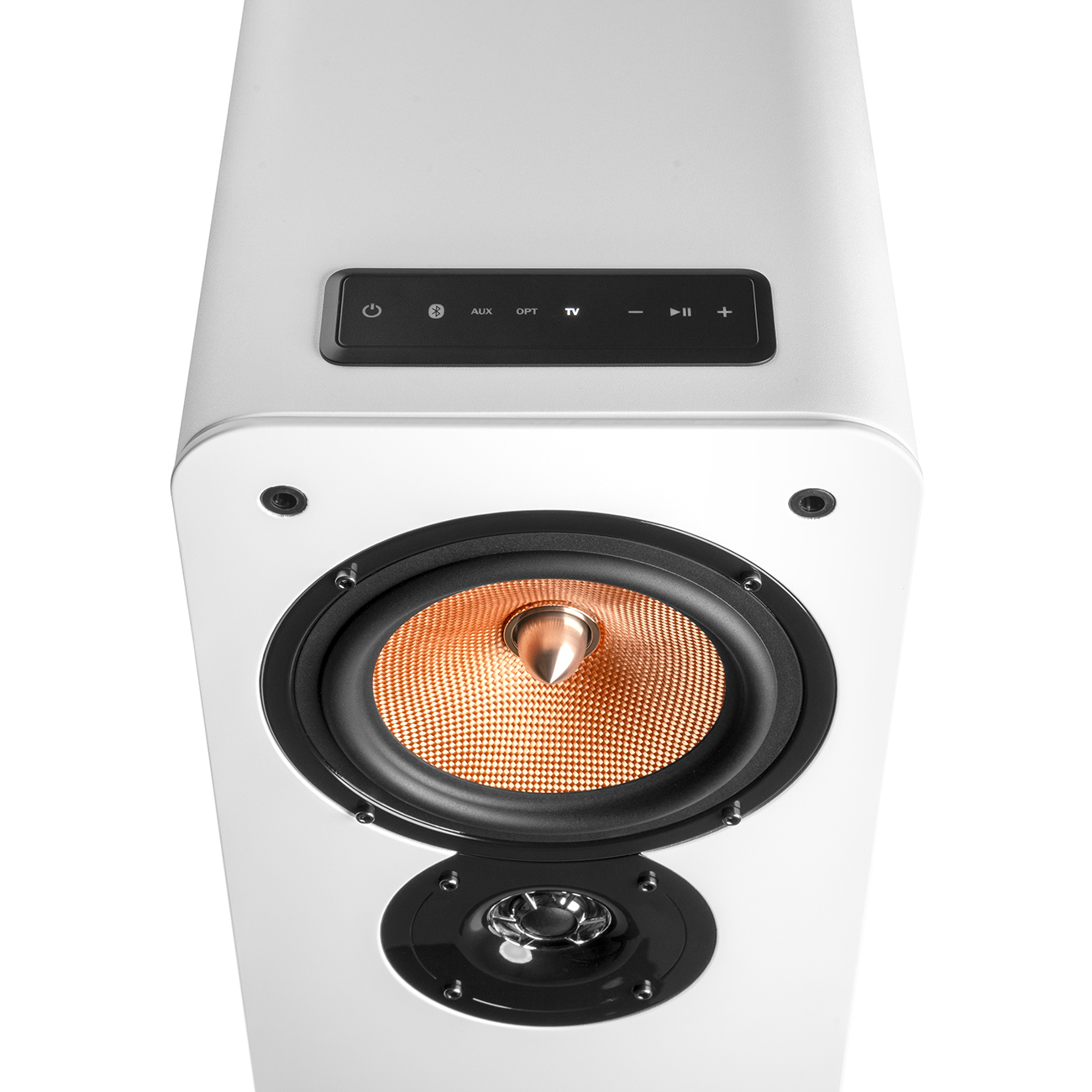 Weißer Lautsprecher mit Bedienfeld, zwei Lautsprechern und einem kupferfarbenen Gitter. Tasten sind Ein/Aus, Bluetooth, AUX, OPT, TV und Lautstärkeregler.
