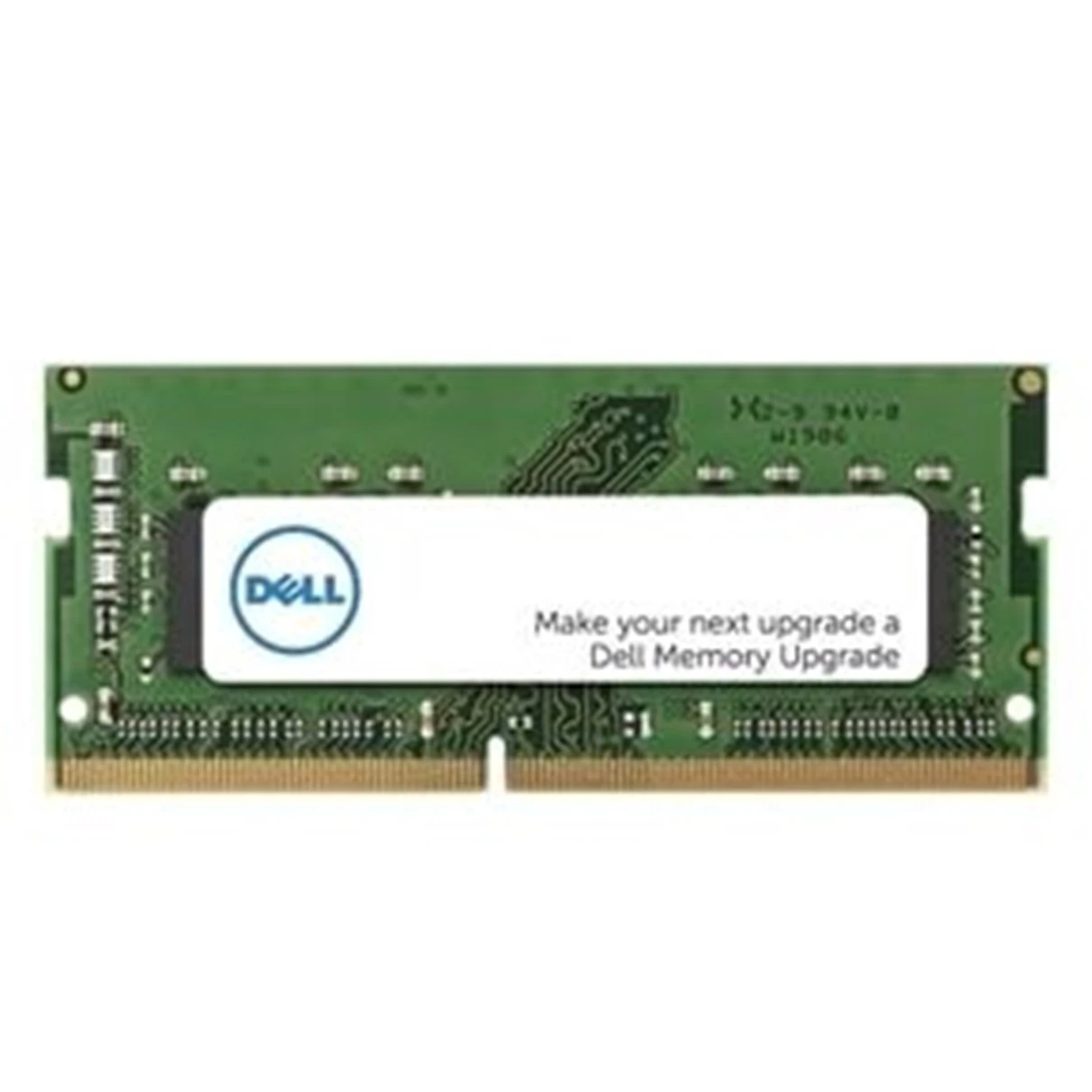 Een Dell geheugen upgrade module, groene PCB, gouden connectoren, wit label met Dell logo en tekst 'Maak je volgende upgrade'.