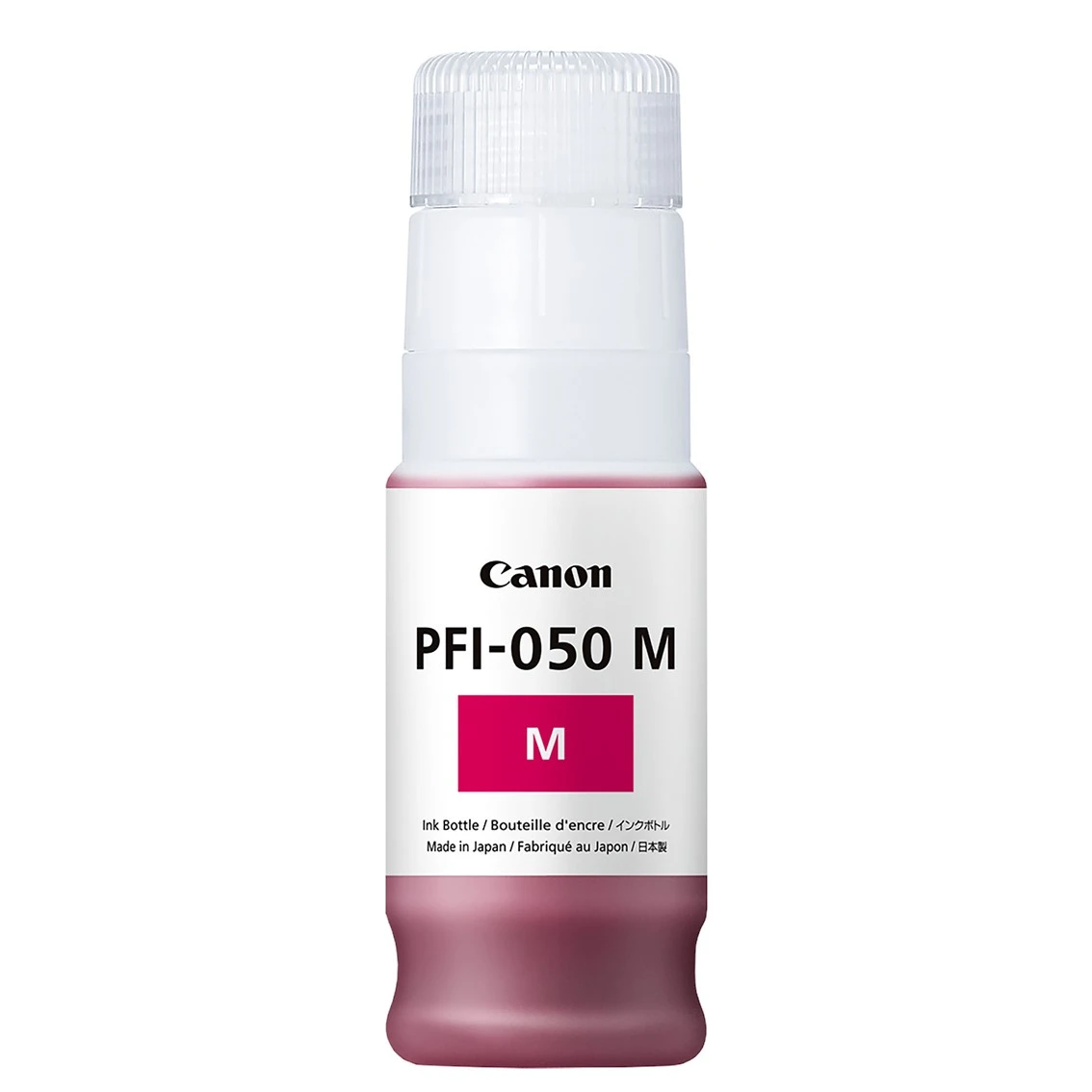 Canon inktfles, PFI-050 M, magenta kleur. Witte dop, etiket met tekst en magenta 'M'. Gemaakt in Japan.