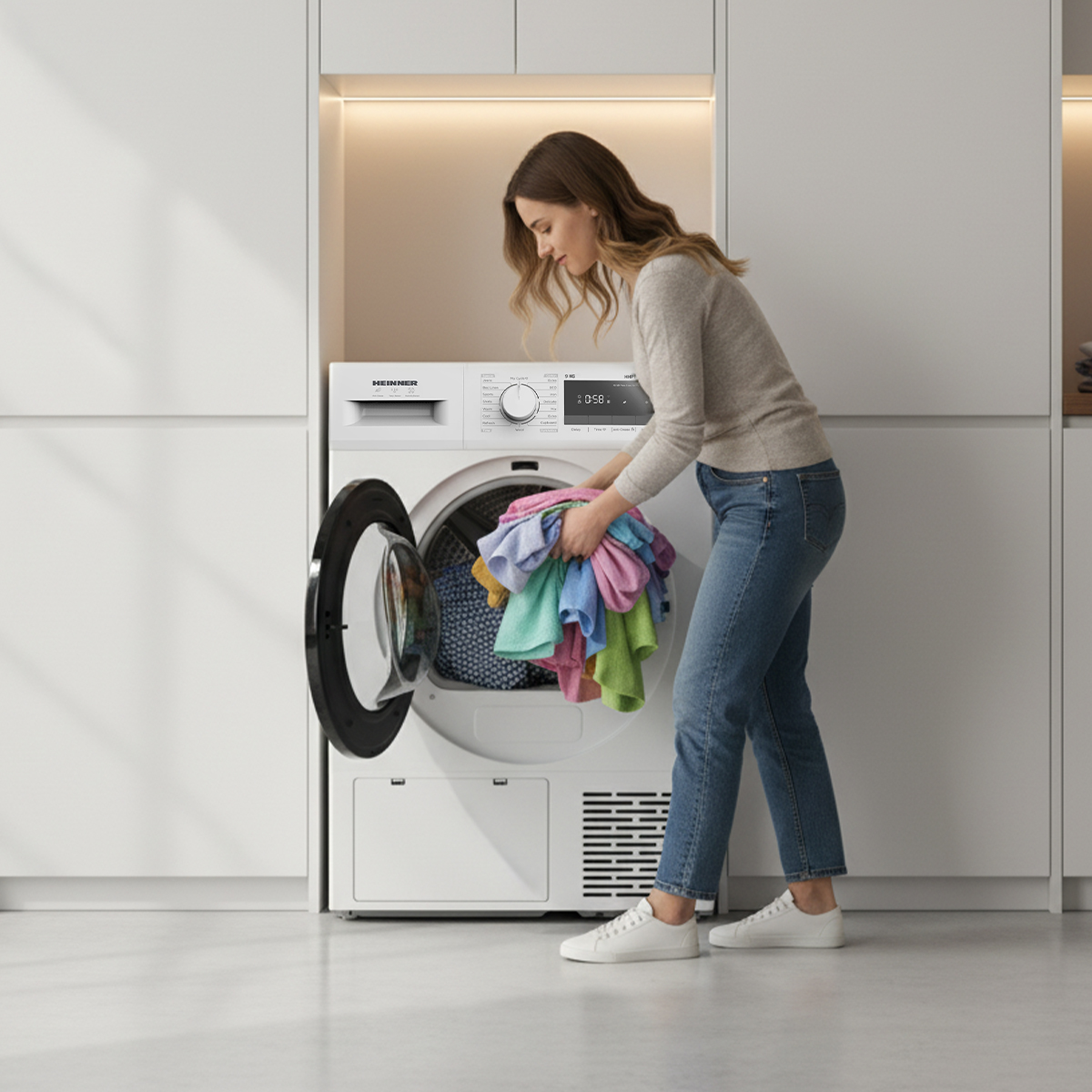 Eine Frau belädt einen weißen Trockner mit bunter Wäsche. Sie trägt Jeans und einen Pullover. Die Trocknertür ist offen.