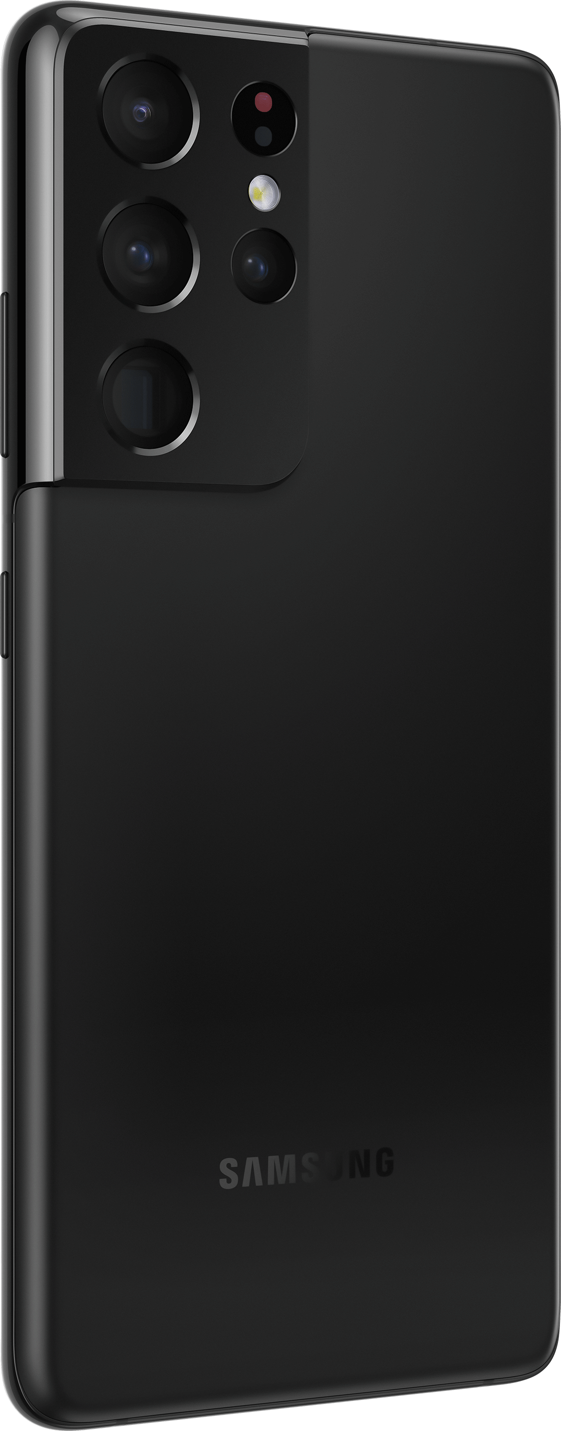 Czarny tył smartfona Samsung. Wiele obiektywów aparatu, lampa błyskowa i logo Samsung. Elegancki design, zakrzywione krawędzie, błyszczące wykończenie.