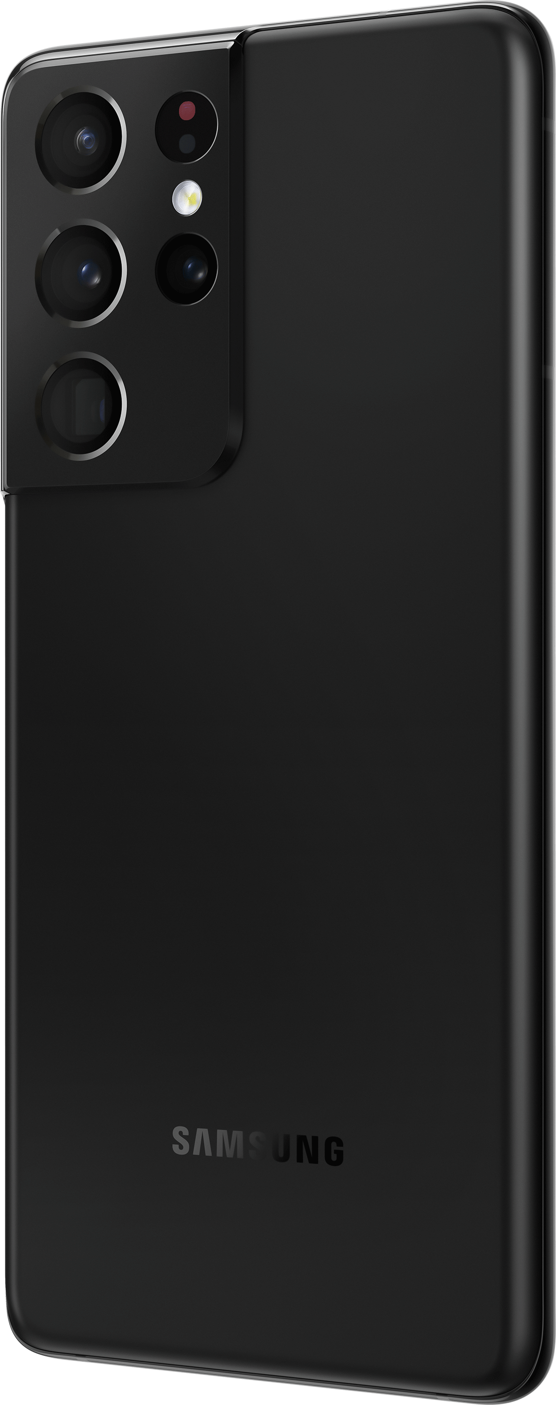 Czarny telefon Samsung. Telefon ma układ kamer z tyłu. Widoczne jest logo Samsung.
