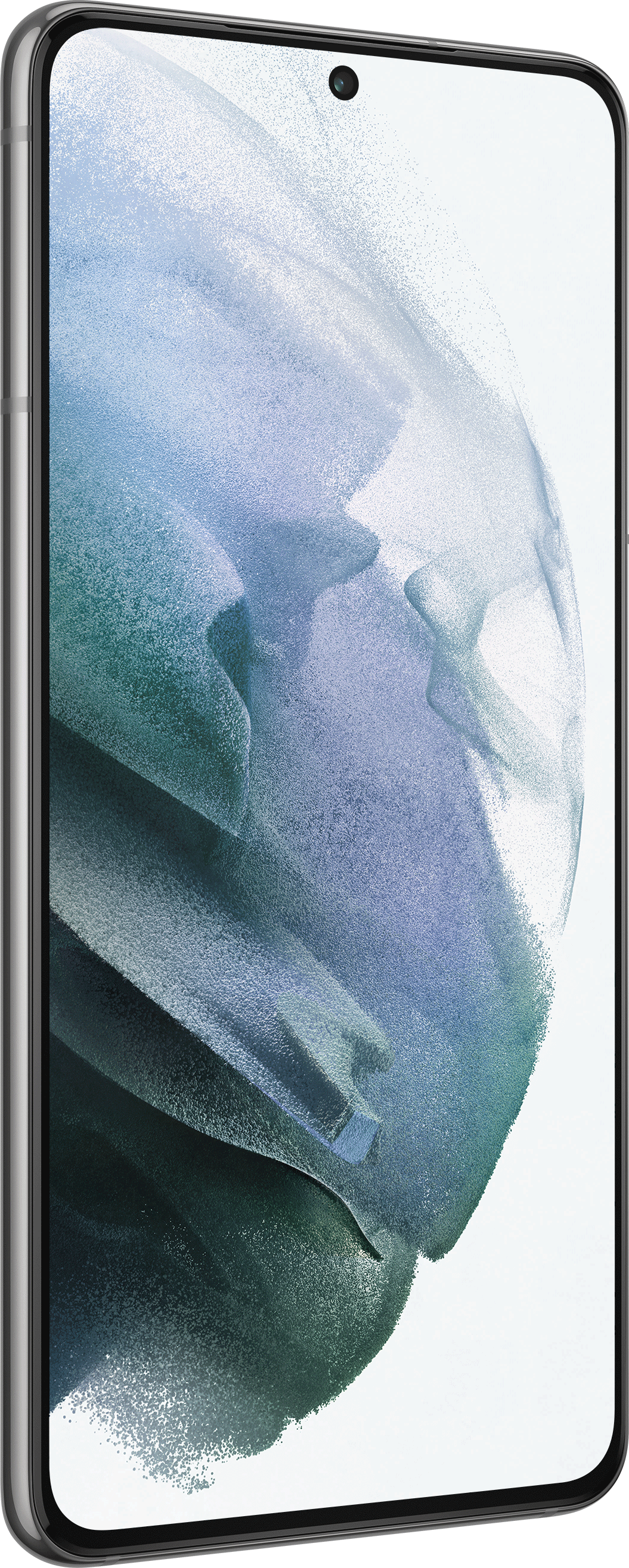 Srebrny smartfon, widok z boku. Ekran wyświetla niebiesko-zielony abstrakcyjny wzór.