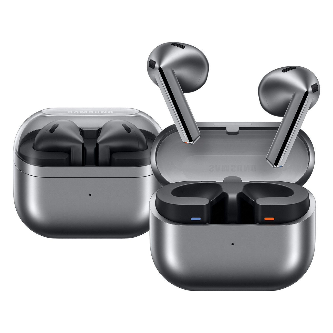 Słuchawki z etui. Szary kolor, dwa otwarte, jedno zamknięte. Marka Samsung. Nowoczesny design. Słuchawki są srebrne.