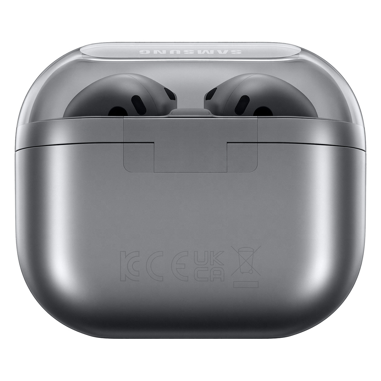 Szare etui na słuchawki Samsung z dwoma słuchawkami w środku. Etui jest zamknięte i ma przezroczystą pokrywę. Widoczna jest nazwa marki.