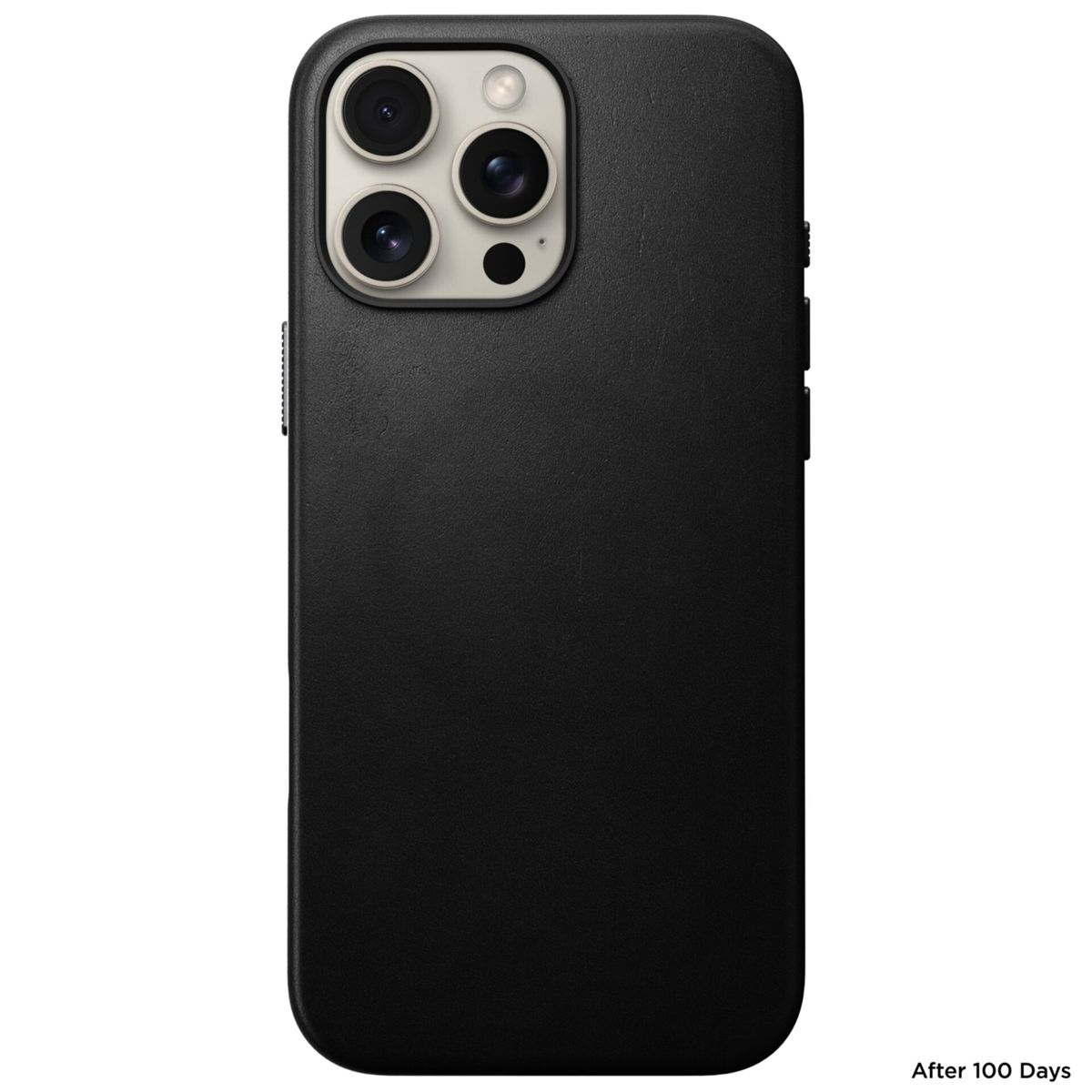 Eine schwarze Smartphone-Hülle mit Kameraausbuchtung mit mehreren Linsen und einem Blitz. Die Hülle hat Lautstärke- und Ein-/Aus-Tasten.