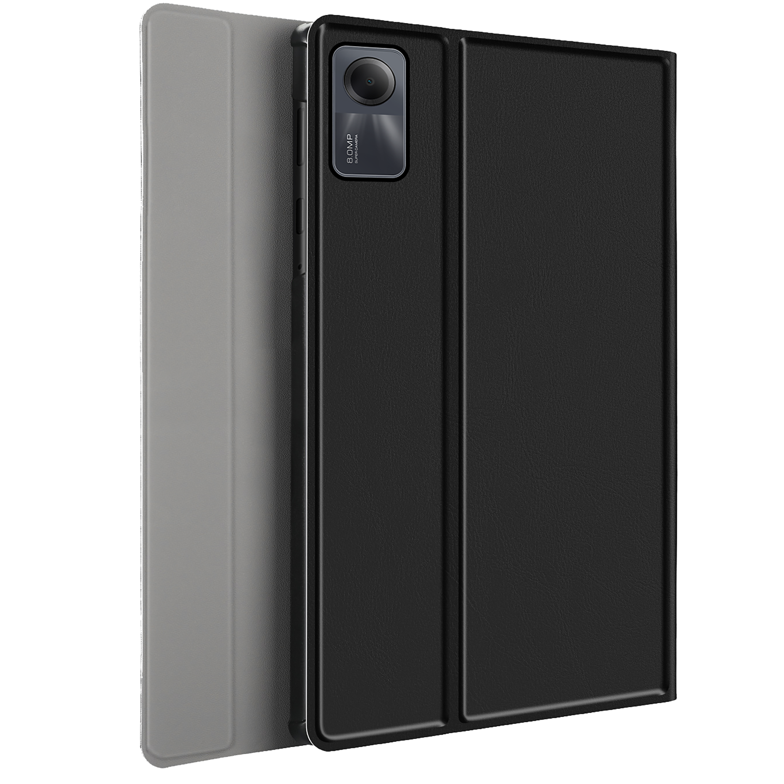 Eine Tablet-Hülle, schwarze Vorderseite und graue Rückseite. Die Hülle ist geschlossen.