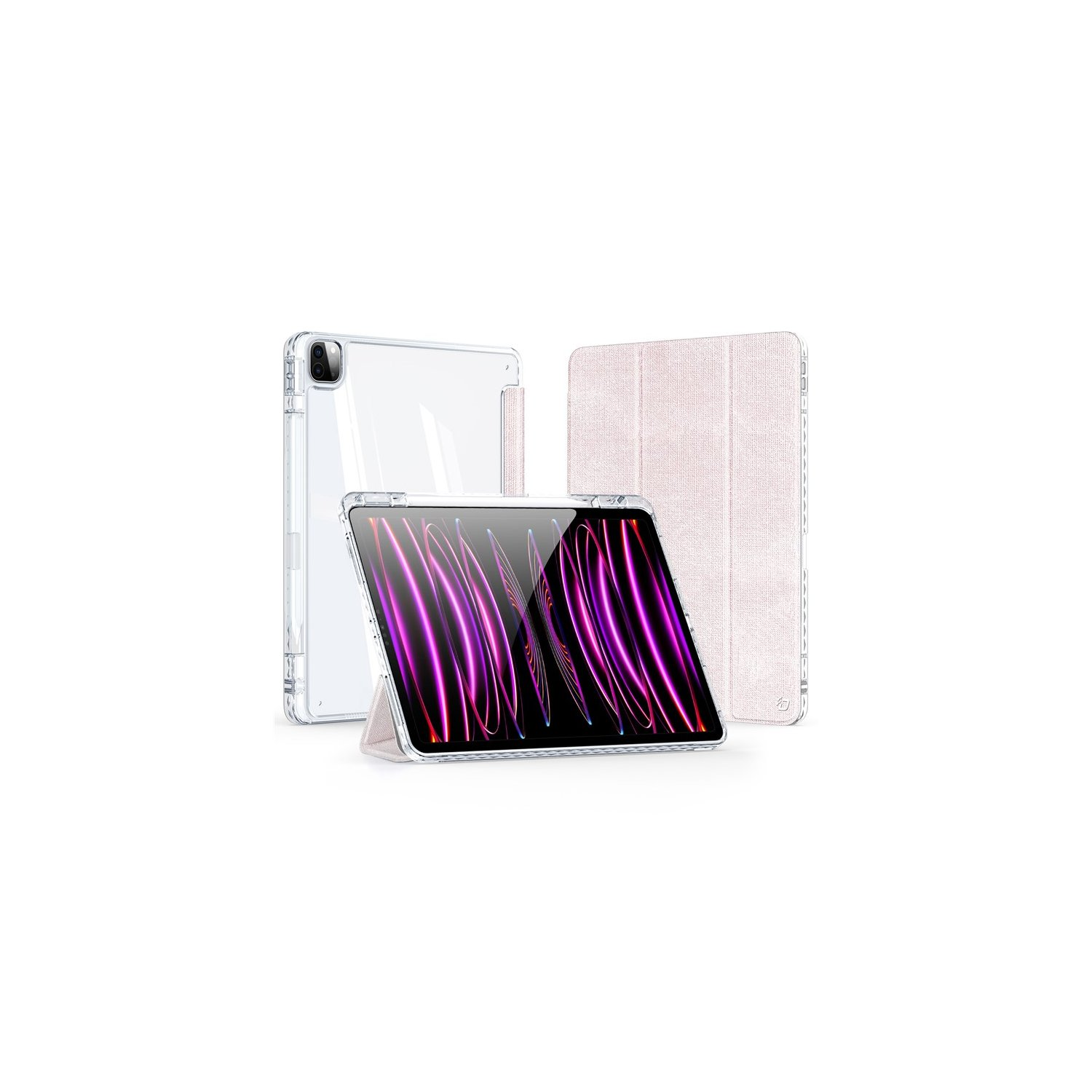 Ein iPad mit klarer Hülle und rosa Abdeckung. Der Bildschirm zeigt ein rosa und lila Design. Alle Artikel befinden sich auf weißem Hintergrund.