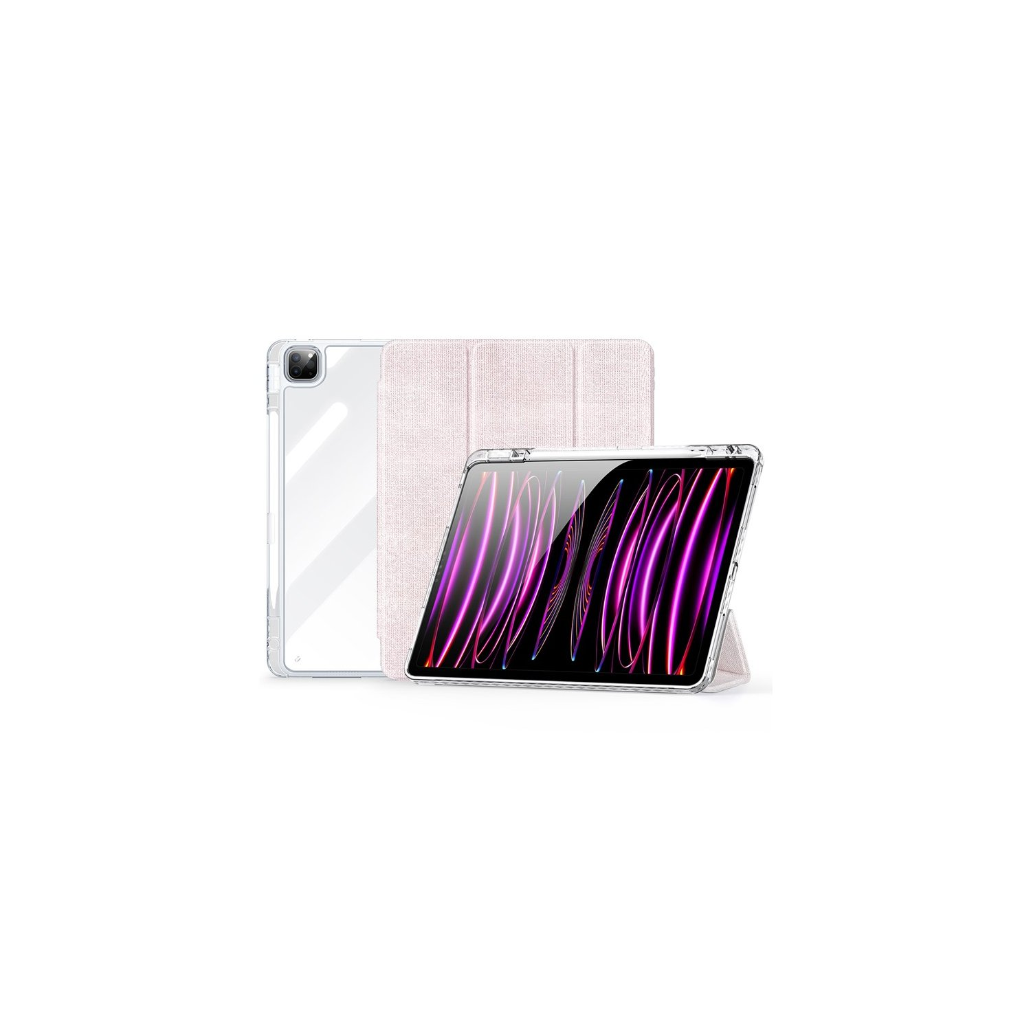 Drei Tablets mit Hüllen. Eines klar, eines rosa und eines mit rosa Abdeckung und leuchtenden lila Linien.