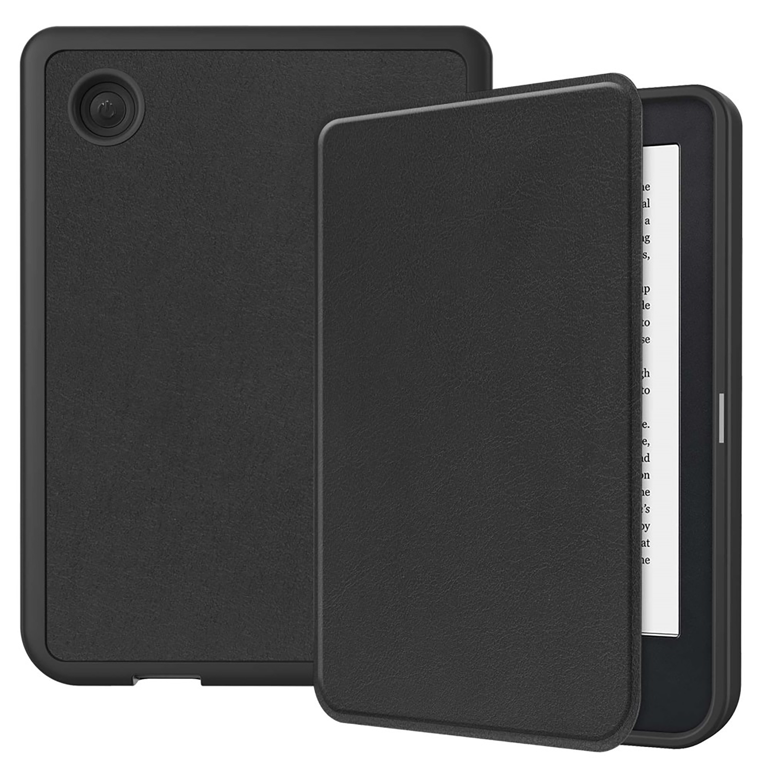 Ein schwarzer E-Reader mit geschlossenem Cover und offenem Cover, das den Bildschirm freigibt. Die Hülle ist strukturiert.
