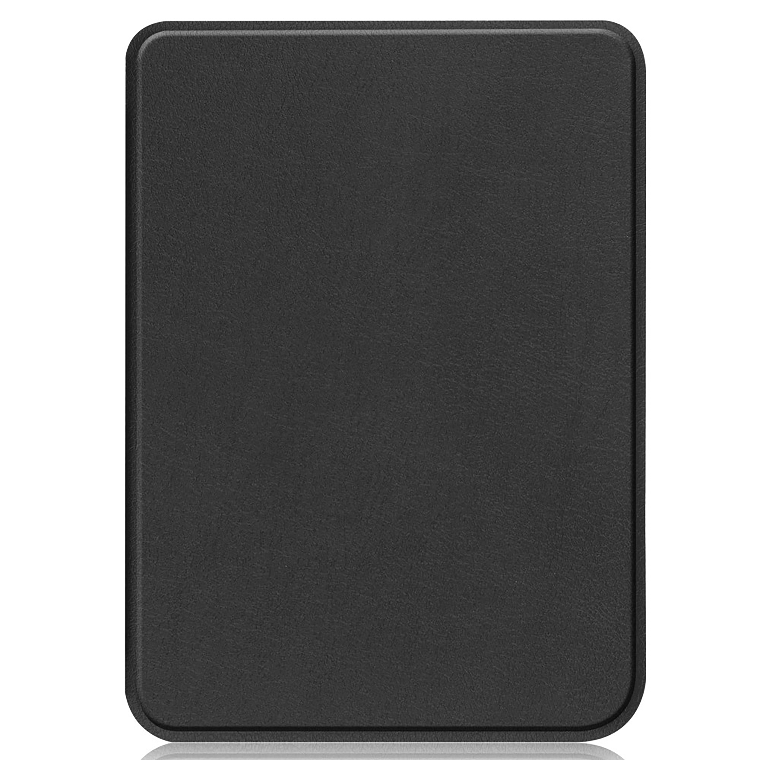 Eine rechteckige schwarze Ledertasche mit abgerundeten Ecken. Die Oberfläche hat ein strukturiertes Aussehen.