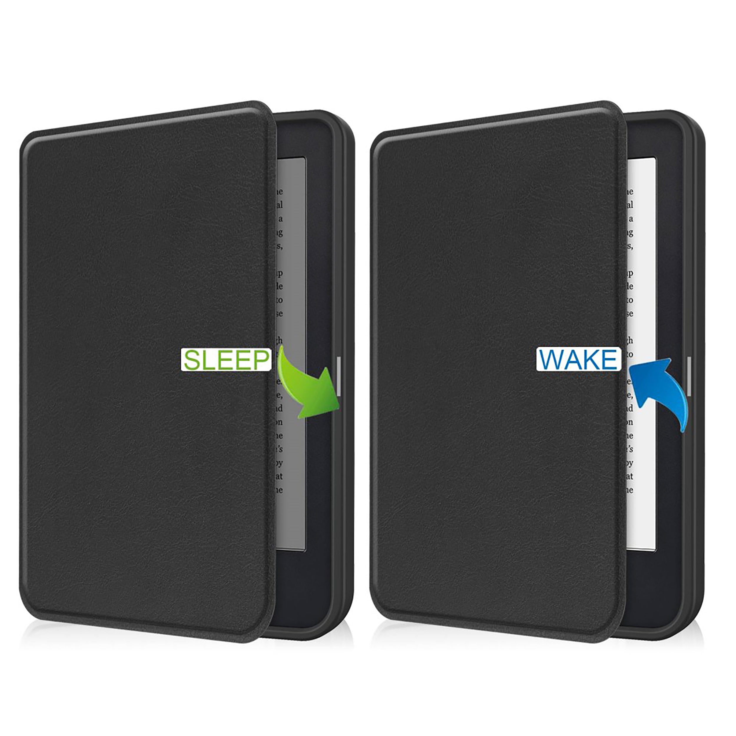Zwei schwarze E-Reader-Hüllen. Eine mit der Aufschrift 'SLEEP' mit grünem Pfeil, die andere 'WAKE' mit blauem Pfeil.