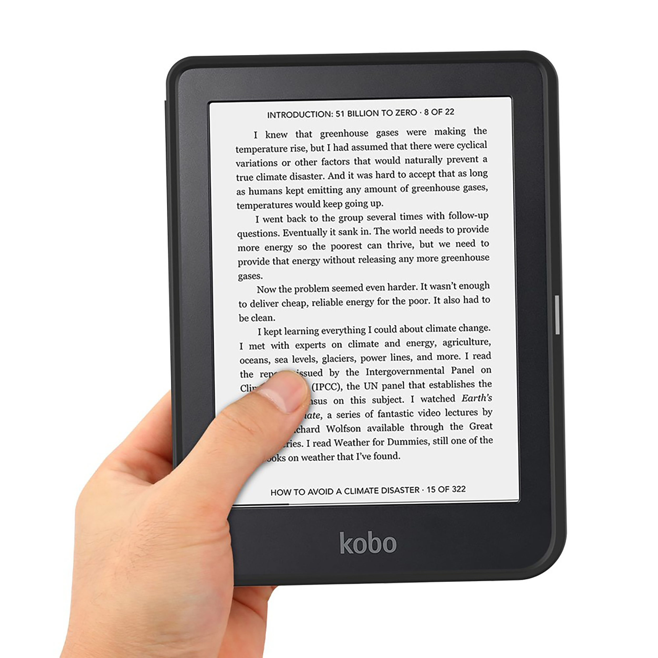 Eine Hand hält einen schwarzen Kobo-E-Reader, der Text über den Klimawandel anzeigt.