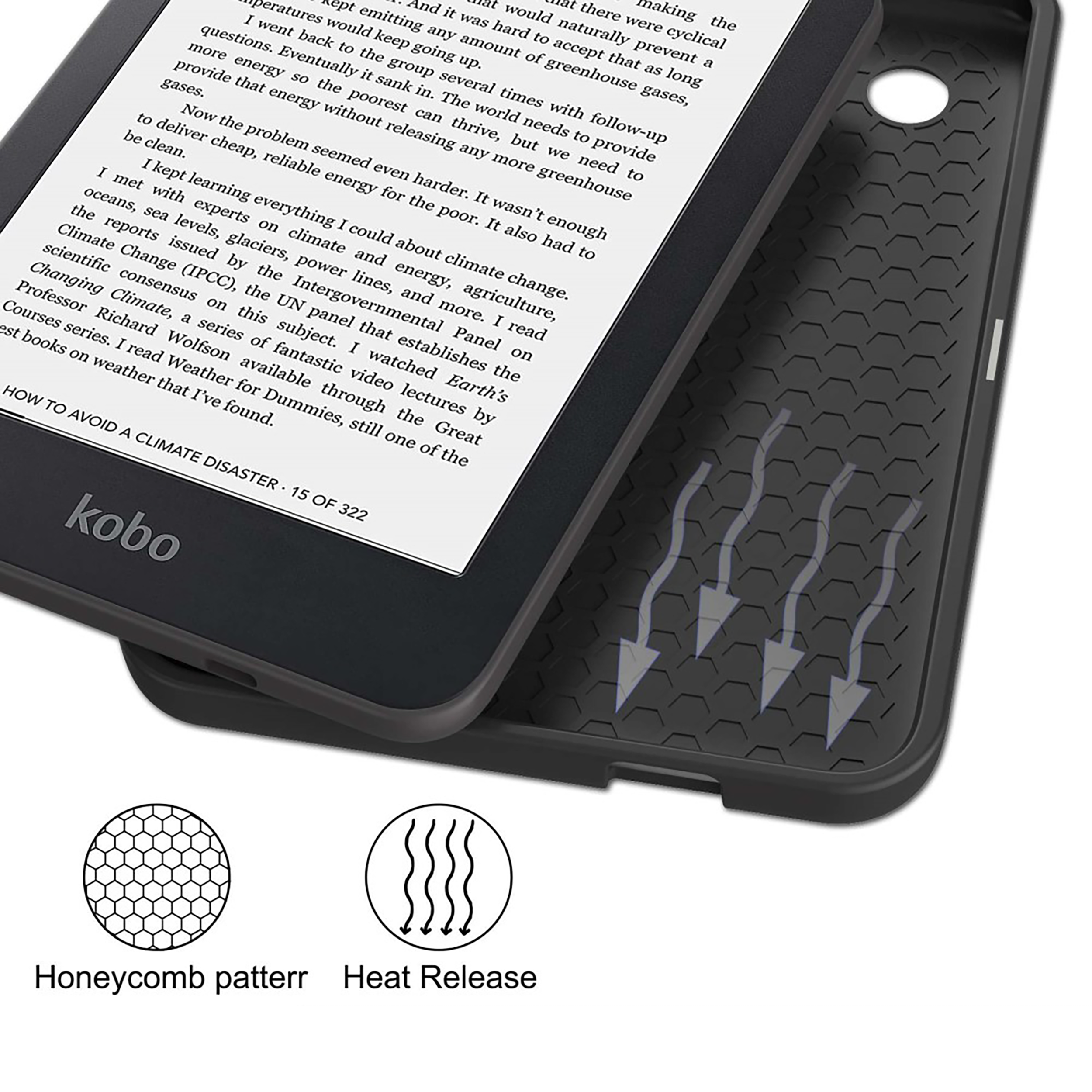 Ein E-Reader zeigt Text an. Das Gerät hat eine Rückseite mit Wabenmuster. Der Text lautet: Wie man eine Klimakatastrophe vermeidet.