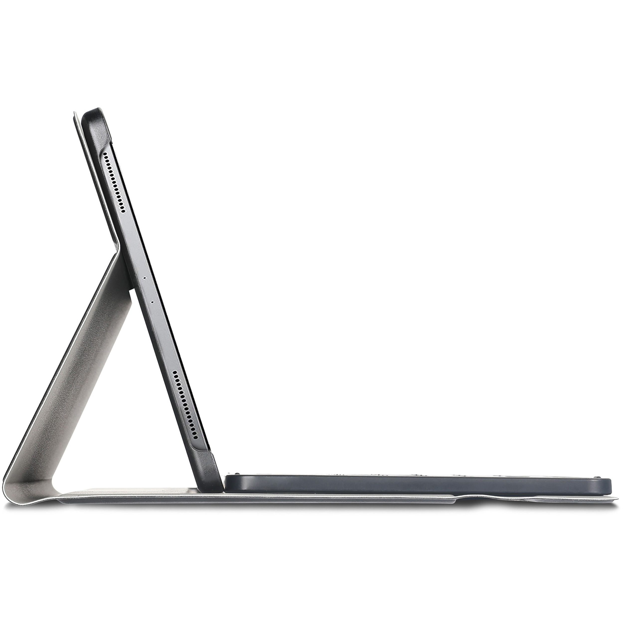 Ein Tablet in einer Hülle, von der Seite betrachtet. Das Tablet ist aufgestellt und zeigt den Bildschirm. Weißer Hintergrund.