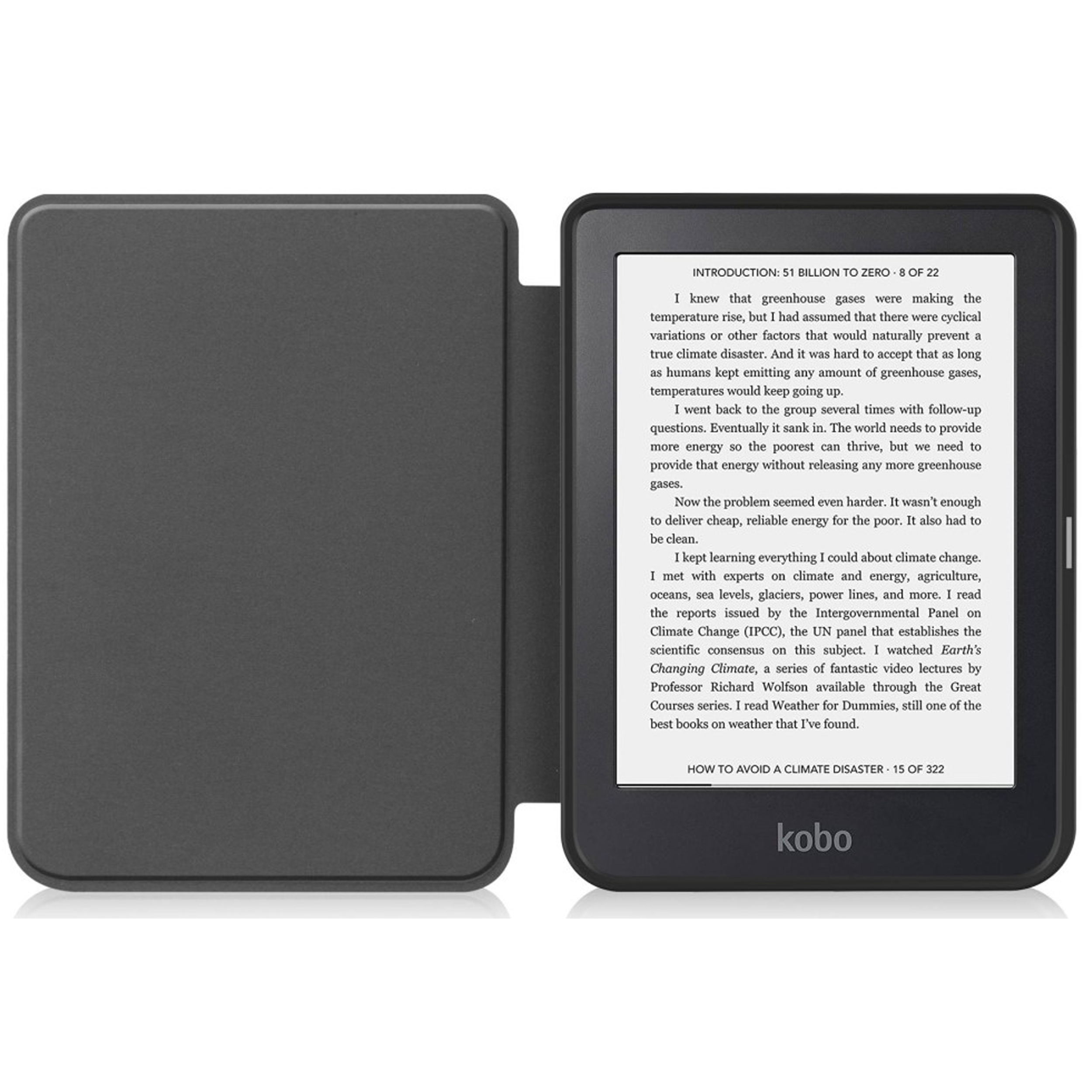 Ein schwarzer Kobo-E-Reader ist geöffnet und zeigt Text an. Eine dunkelgraue Hülle ist links geöffnet.