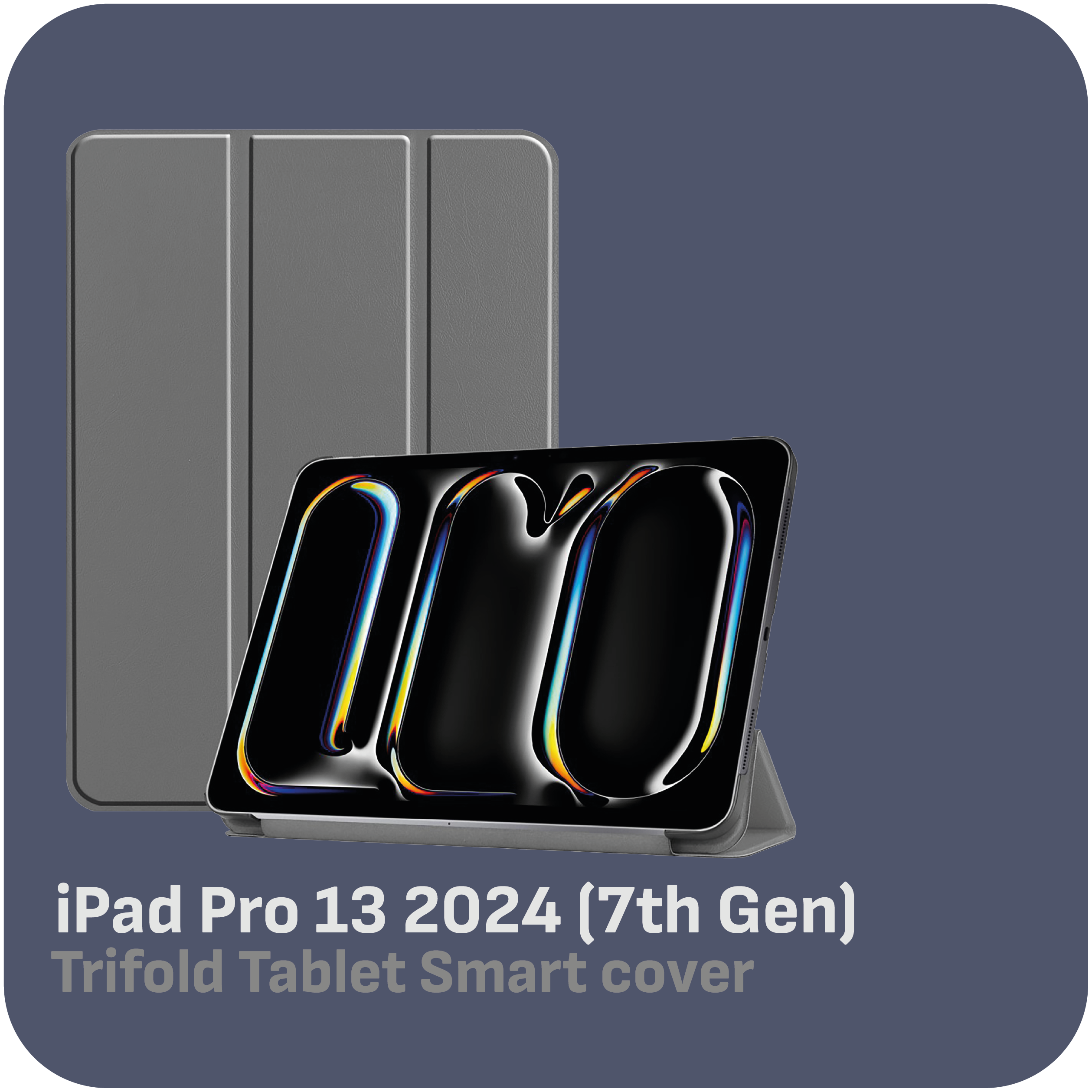 Ein iPad Pro 13 (7. Gen) mit grauem dreifachen Smart Cover. Der Bildschirm zeigt bunte abstrakte Formen.