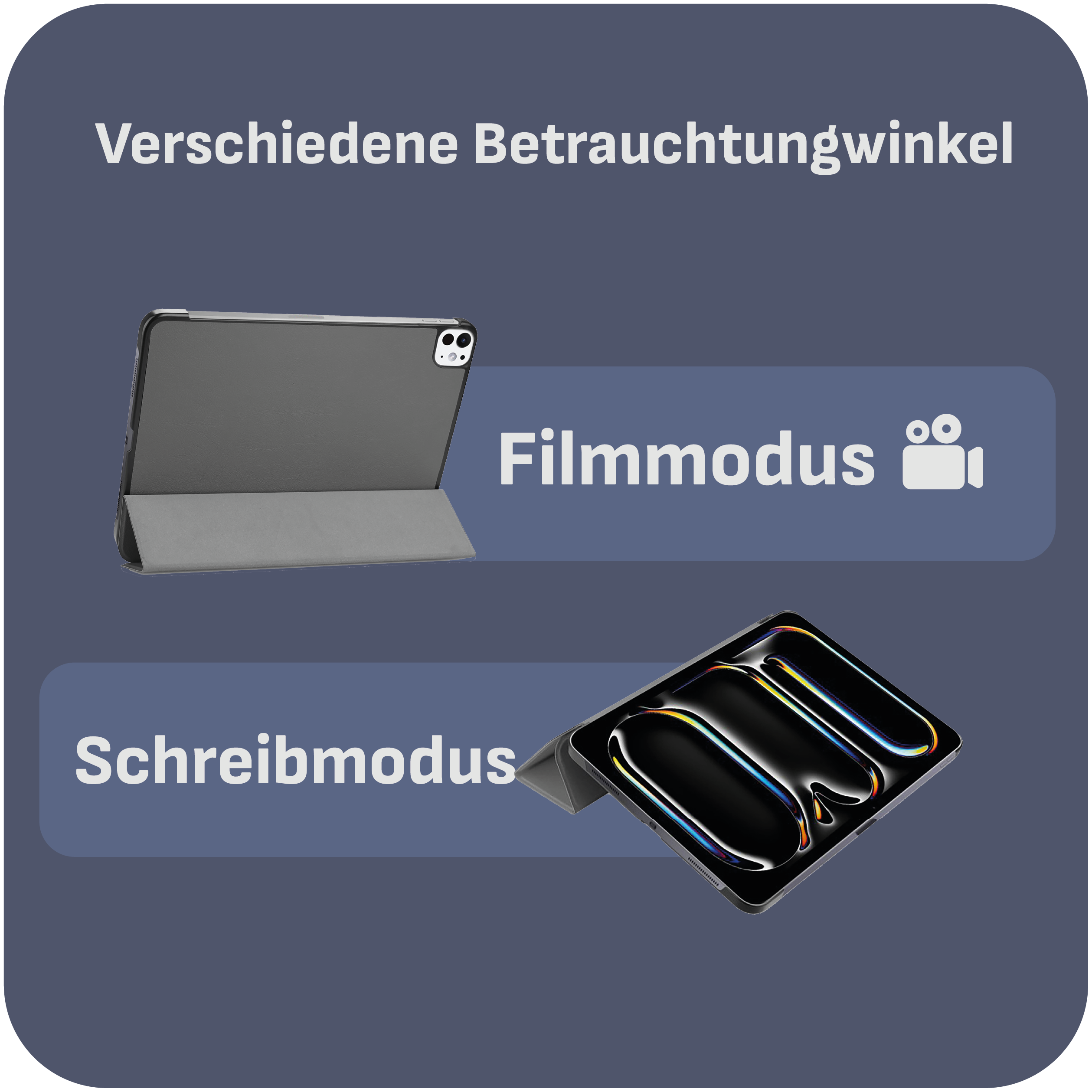 Das Bild zeigt zwei Tablets mit Hüllen in verschiedenen Positionen. Text umfasst 'Filmmodus' und 'Schreibmodus'.