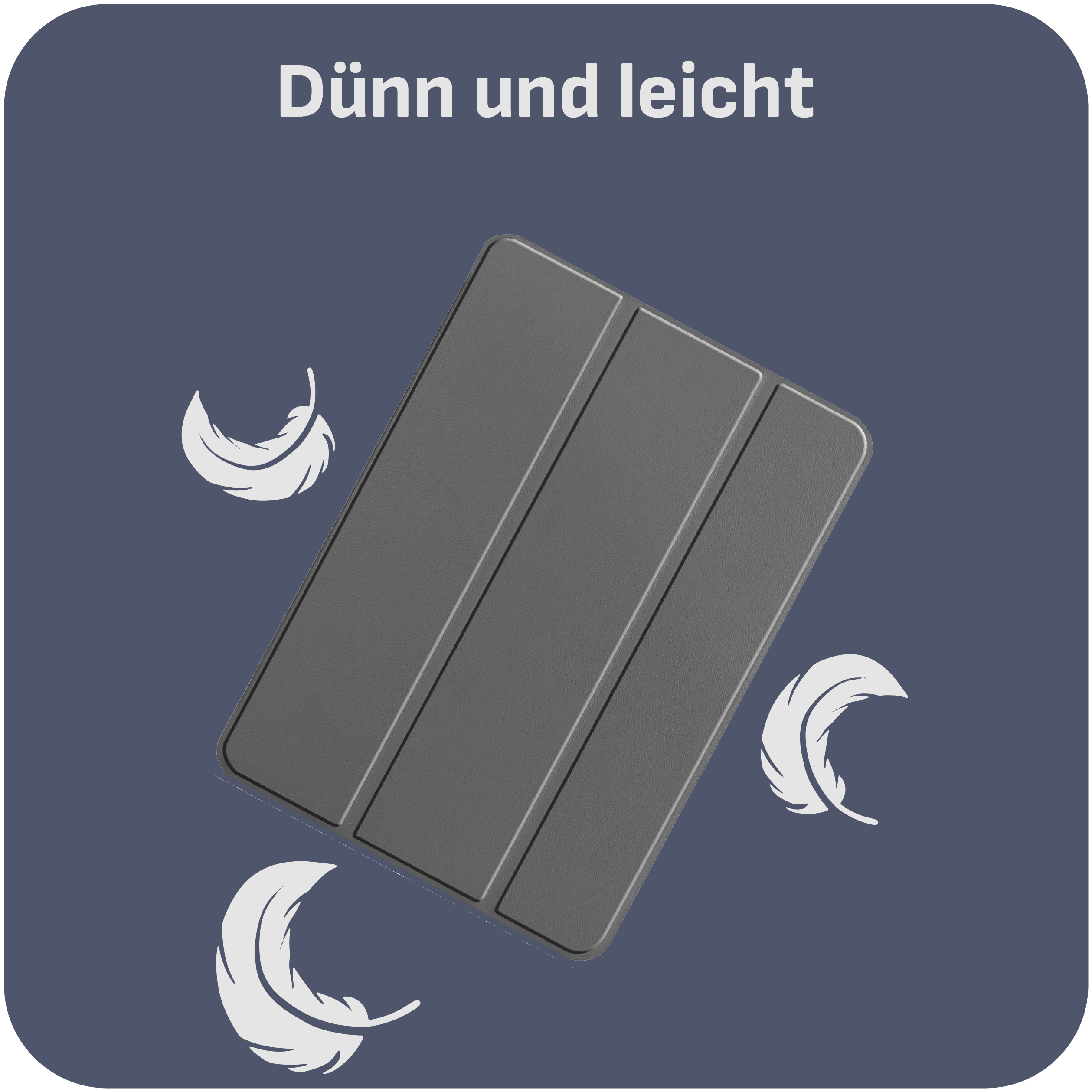 Eine graue Tablet-Hülle mit Federn auf dunkelblauem Hintergrund. Text 'Dünn und leicht' oben.