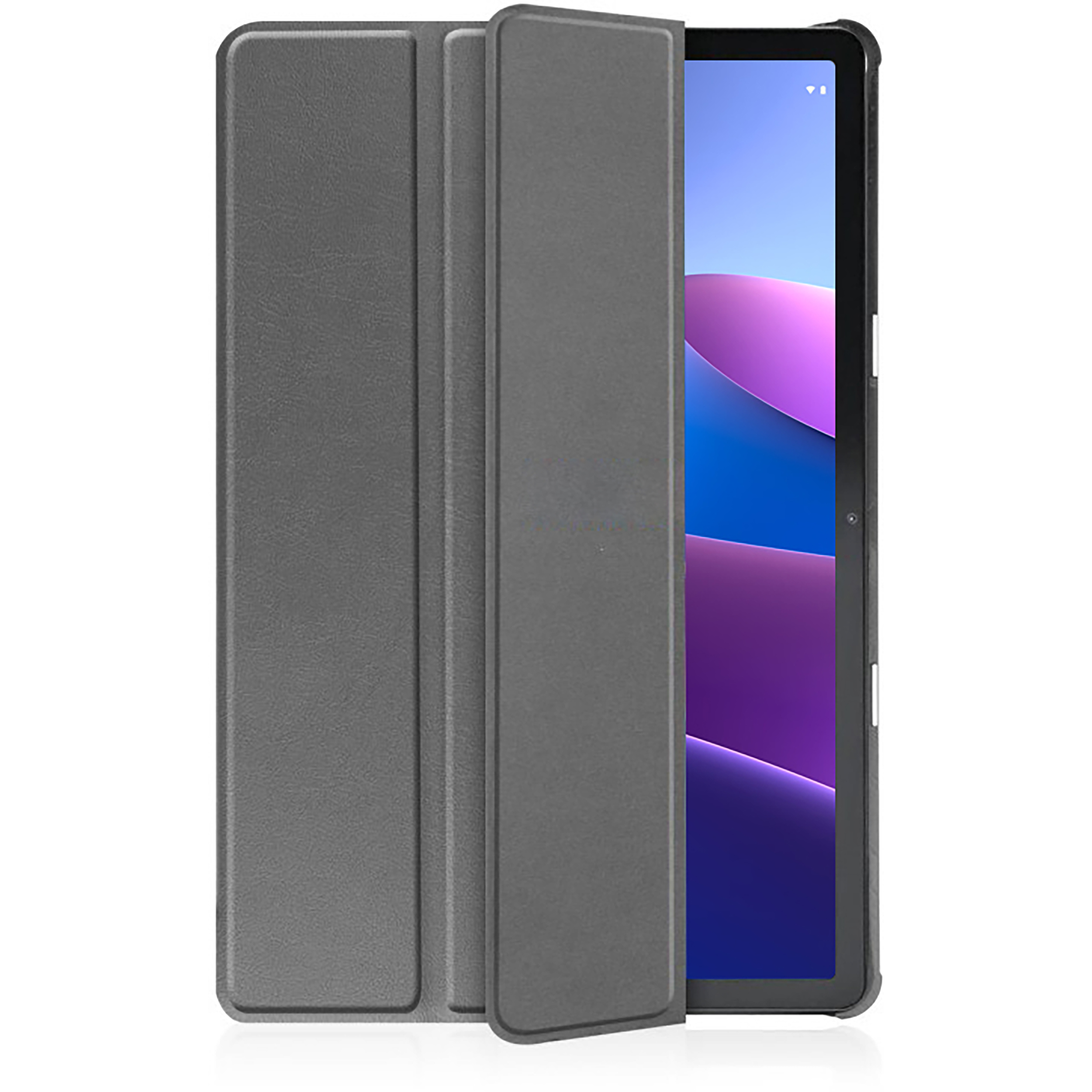 Ein Tablet in einer grauen Hülle. Das Tablet ist geöffnet. Der Bildschirm zeigt ein blaues und lila Bild.