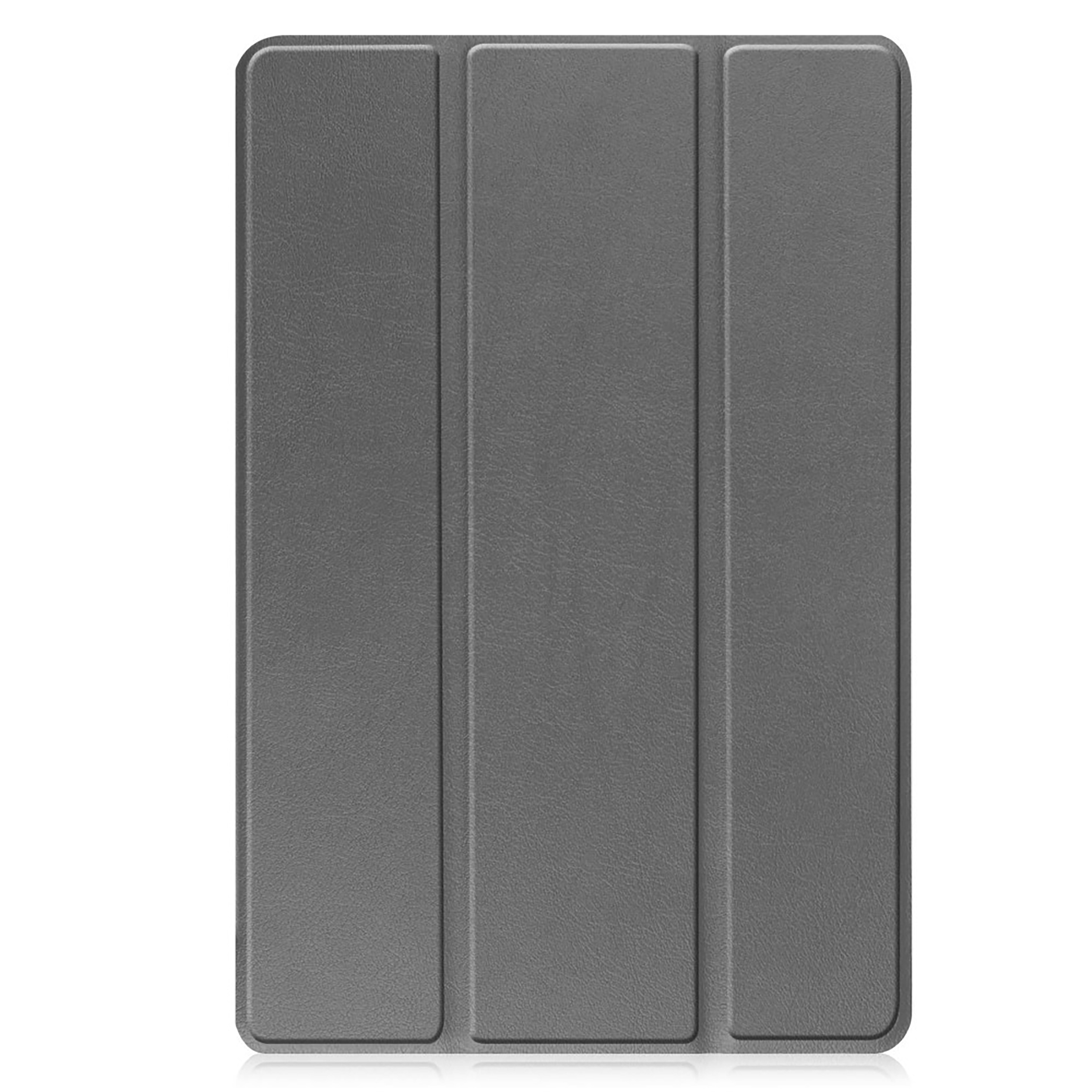 Eine graue Tablet-Hülle, in drei Abschnitte gefaltet. Die Oberfläche hat ein strukturiertes Aussehen. Der Hintergrund ist weiß.