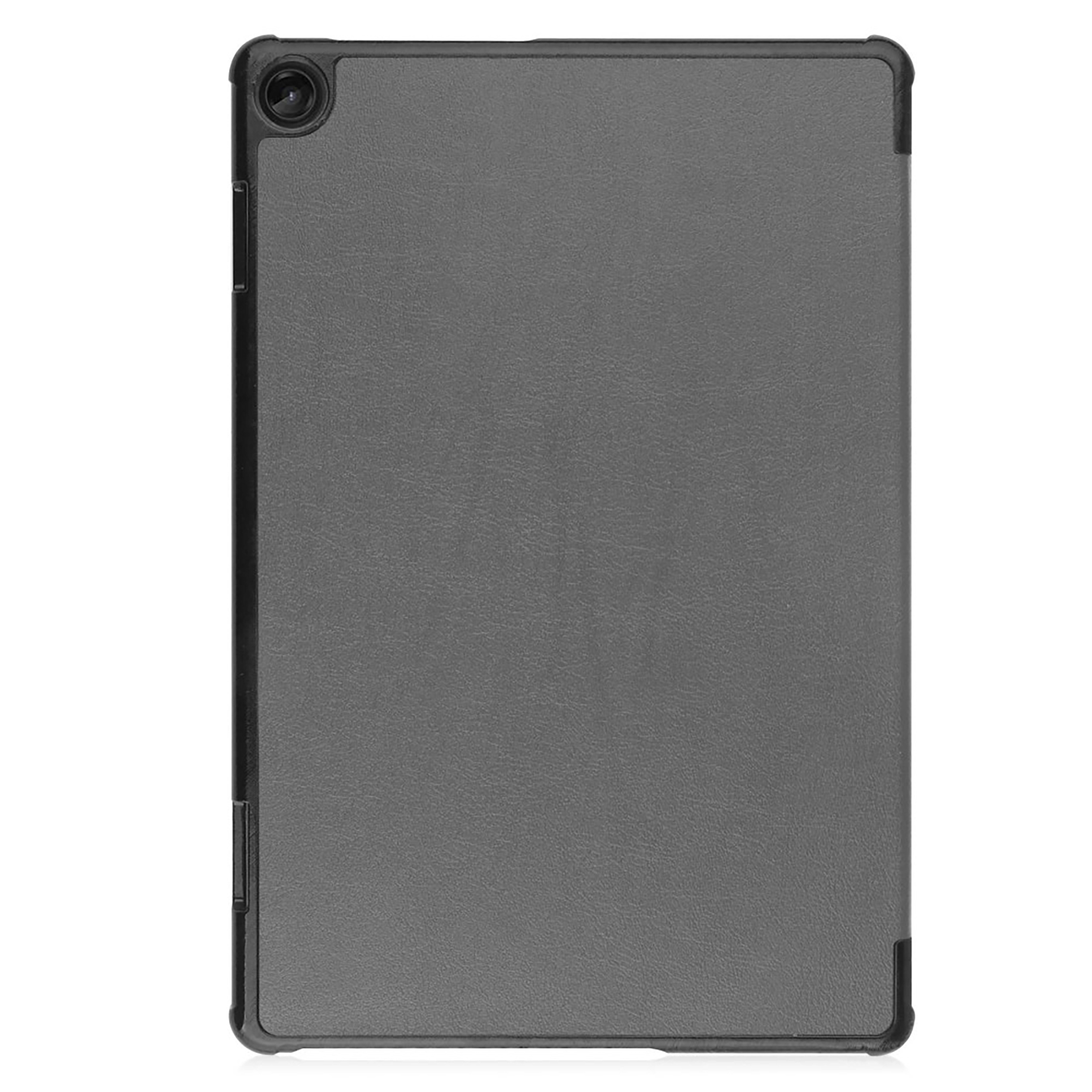 Eine graue Tablet-Hülle. Sie hat eine strukturierte Oberfläche und einen schwarzen Rahmen. Das Kameraobjektiv ist oben sichtbar.