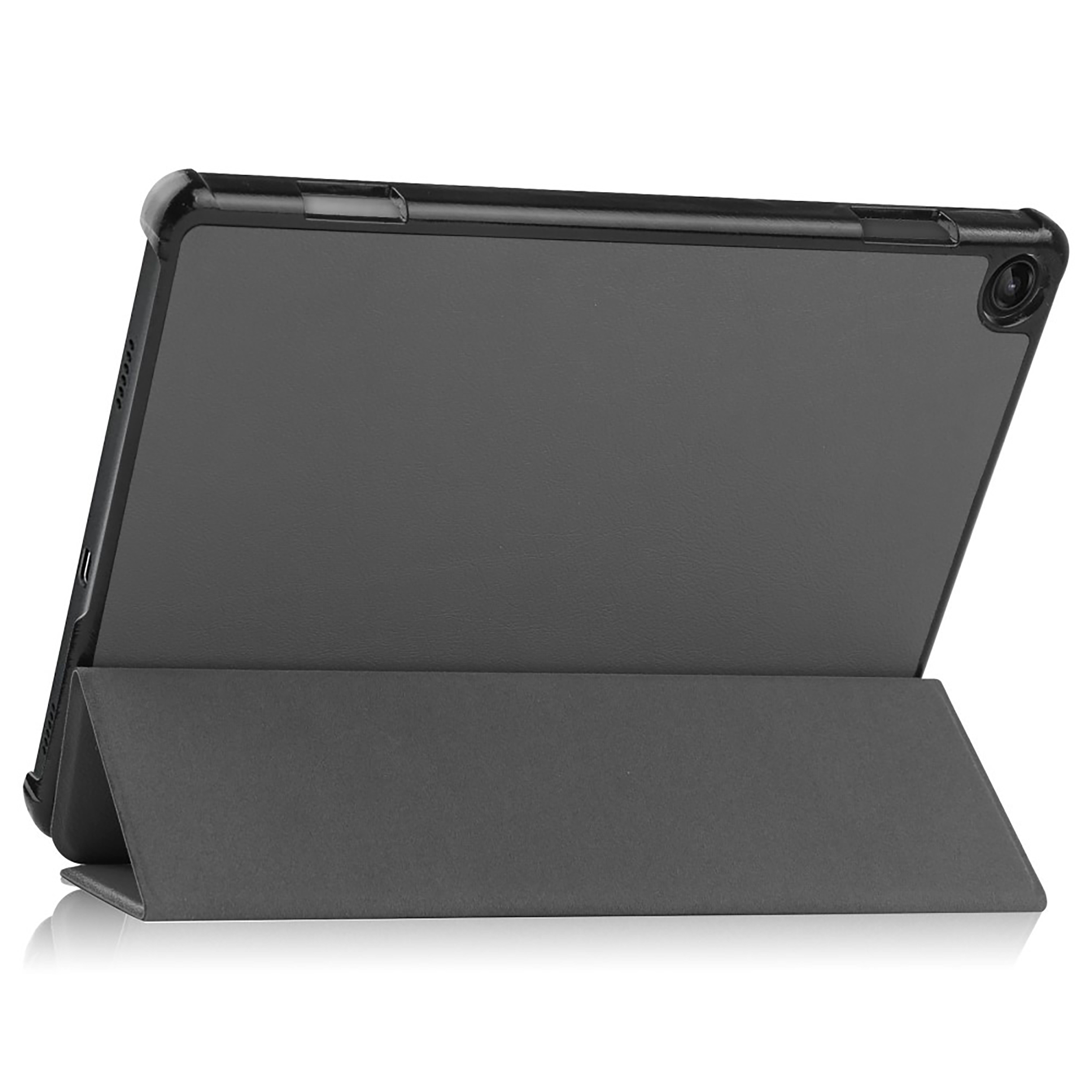 Ein graues Tablet in einer Hülle, das auf seinem Cover steht. Der Hintergrund ist weiß, mit Reflexionen.