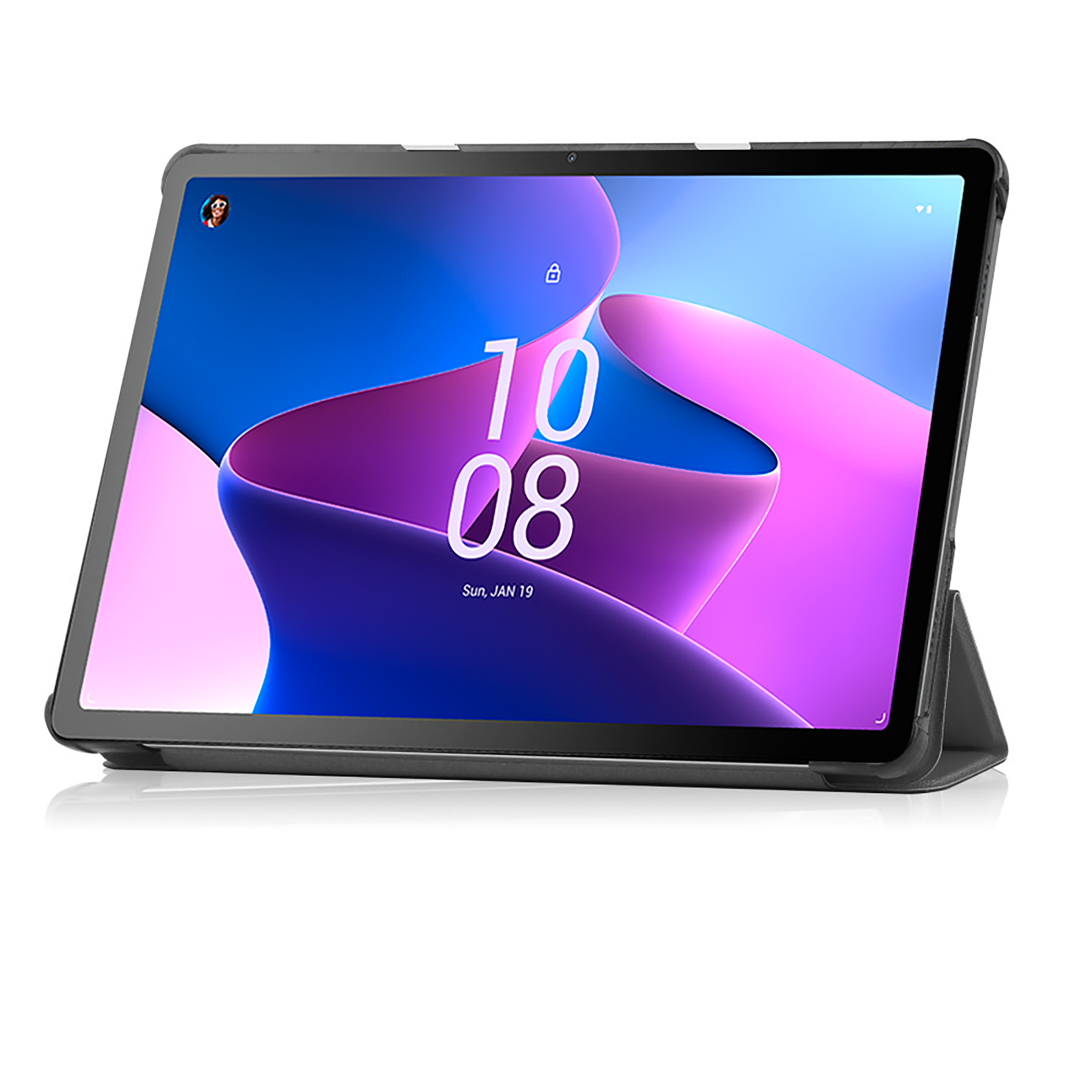 Tablet mit dunkelgrauem Gehäuse. Der Bildschirm zeigt eine Digitaluhr mit blauem und lila Hintergrund.