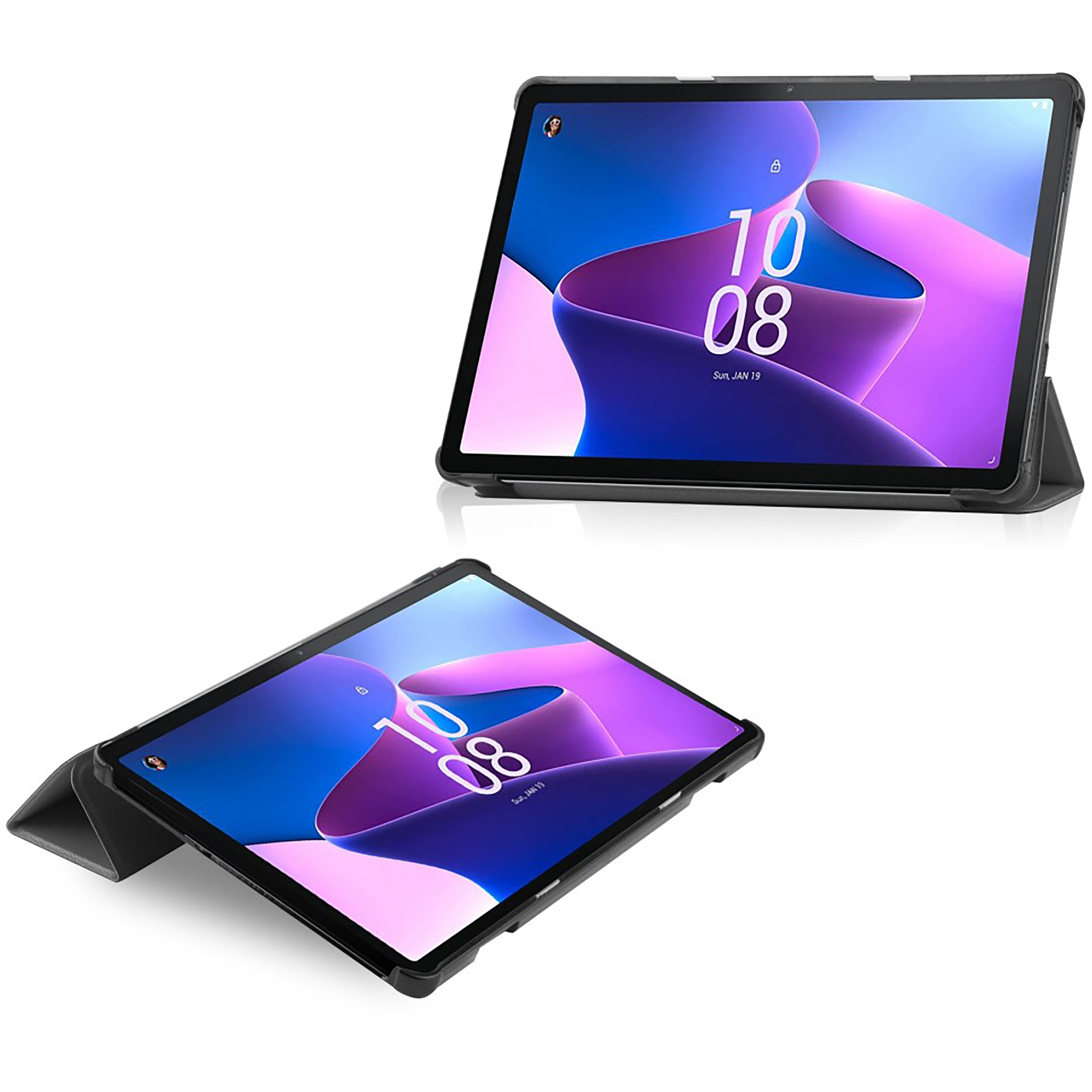 Tablets in Schutzhüllen. Eines steht aufrecht, das andere ist abgewinkelt. Beide zeigen ein abstraktes Design in Lila und Blau.