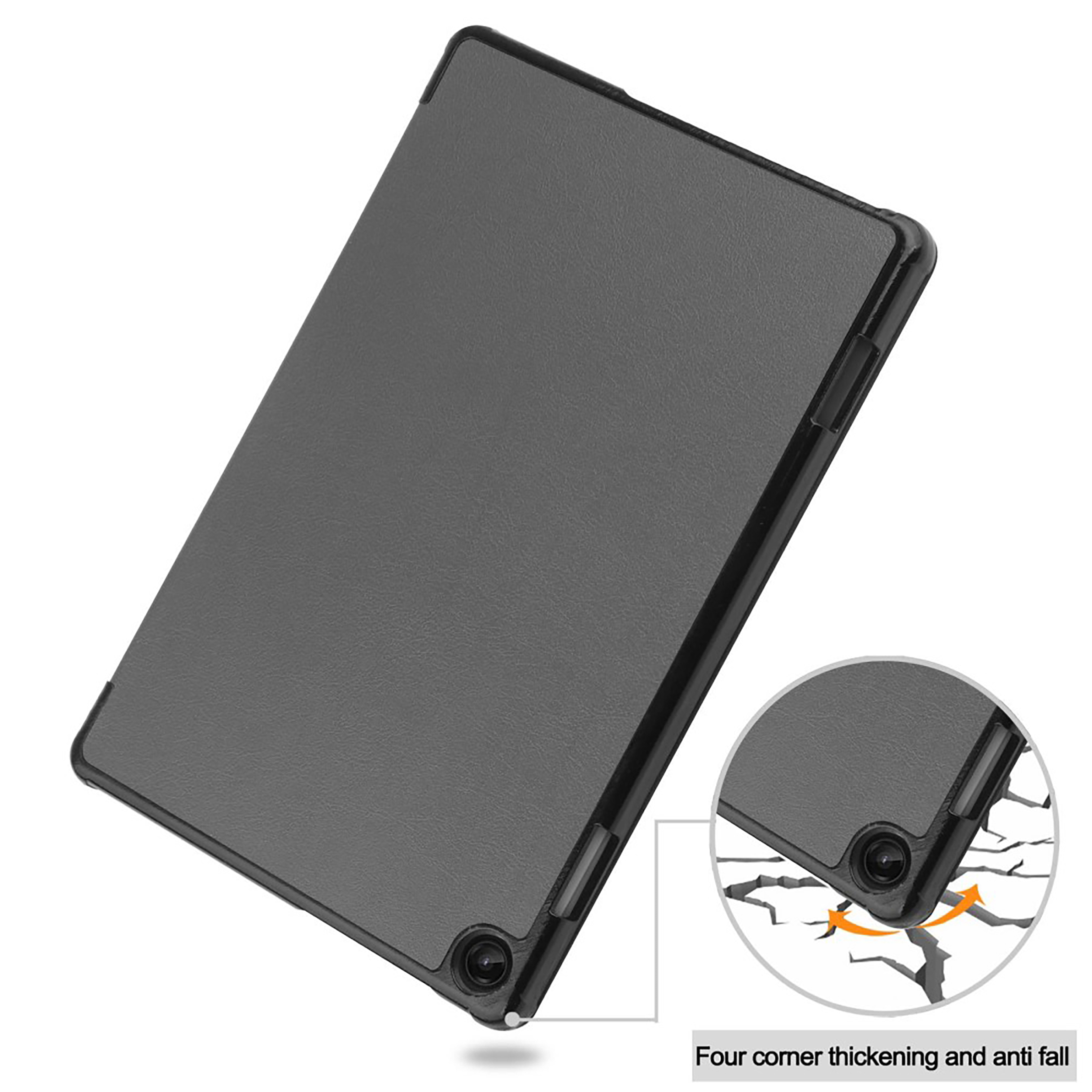 Eine schwarze Tablet-Hülle. Das Gehäuse zeigt eine Nahaufnahme einer Ecke, die das Schutzdesign hervorhebt.