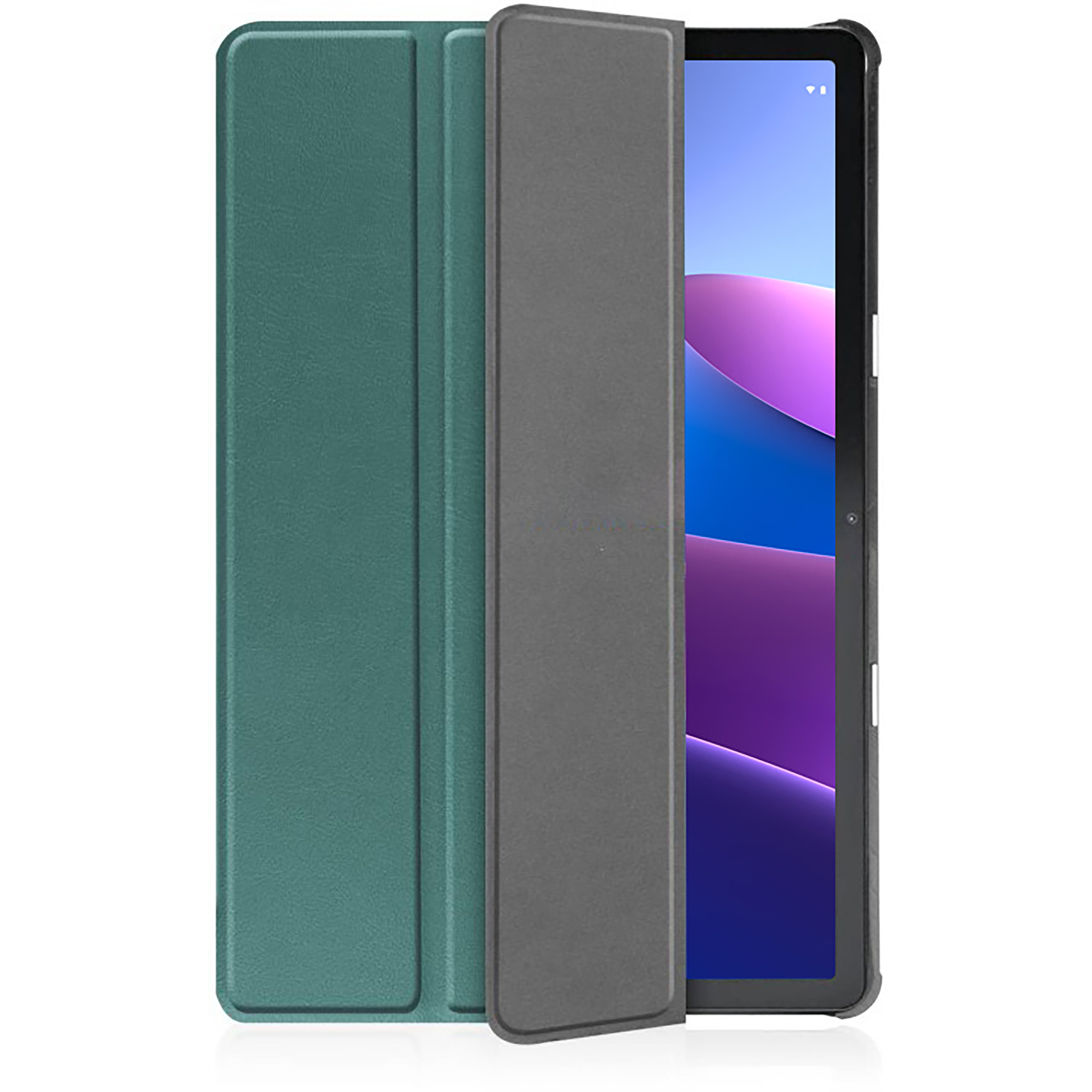 Tablet mit geöffneter grüner Hülle. Der Tablet-Bildschirm zeigt blaue, lila und weiße Farben.