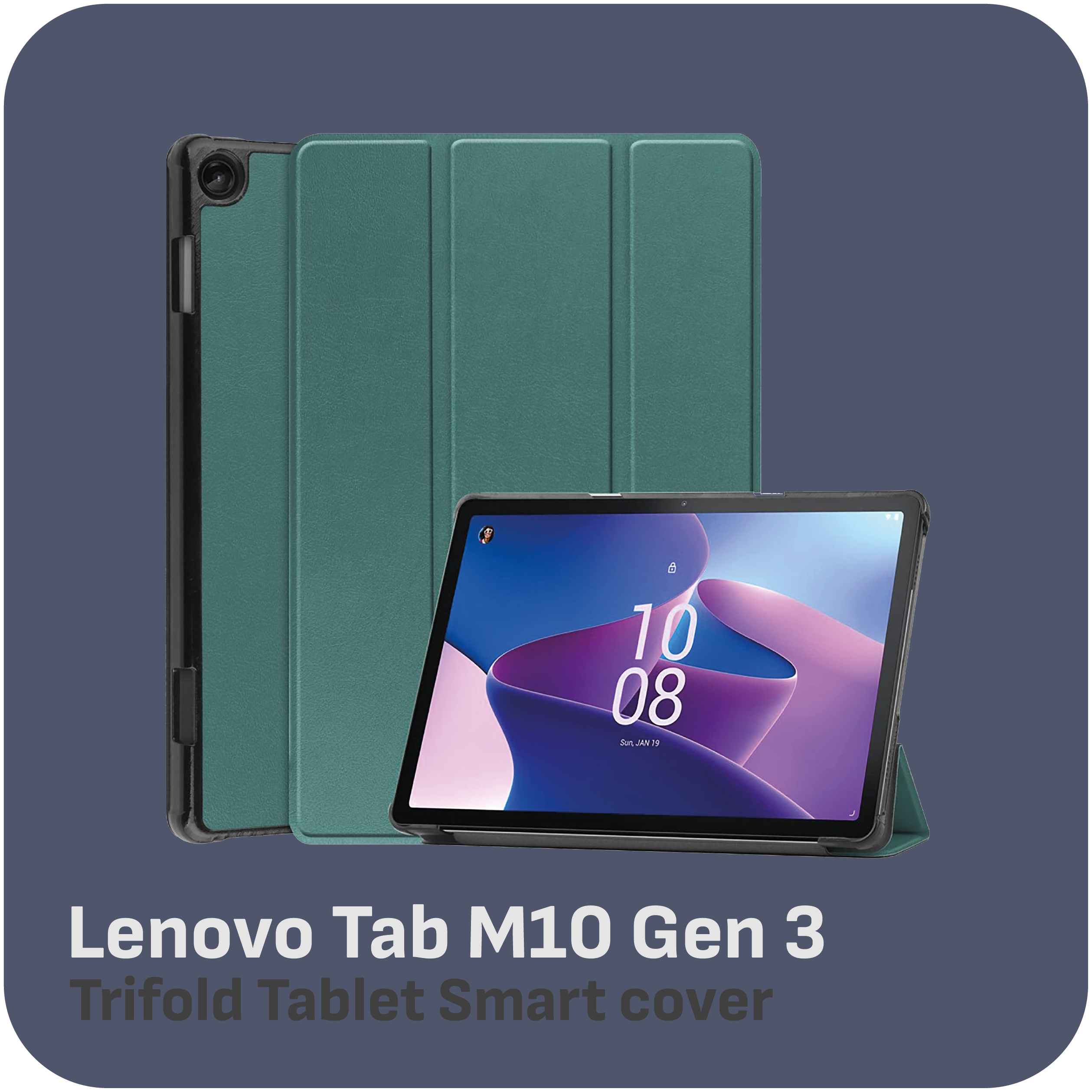 Eine türkisfarbene Tablethülle und ein Tablet, das die Uhrzeit anzeigt. Text: Lenovo Tab M10 Gen 3.