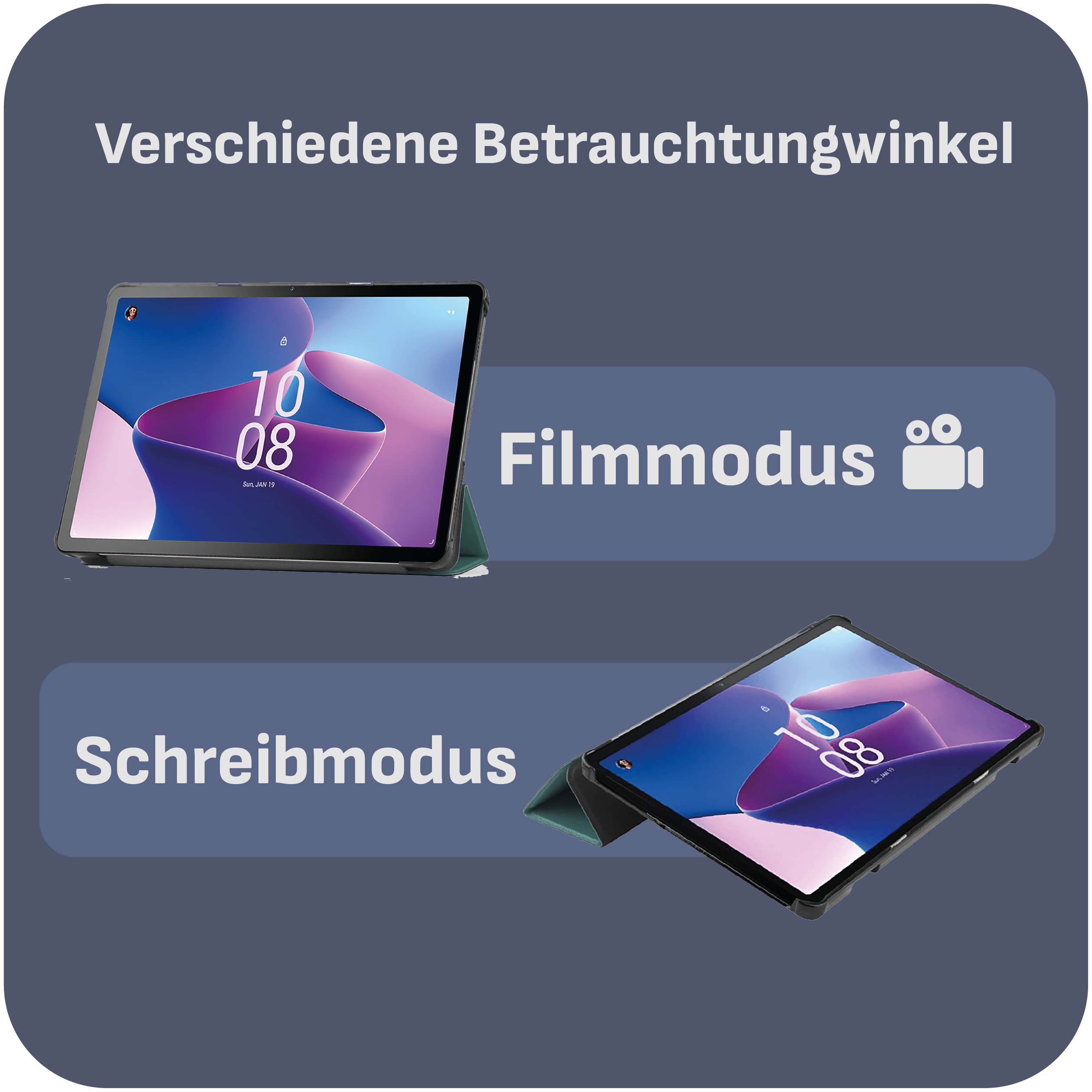 Das Bild zeigt zwei Tablets mit der Uhrzeit. Text auf Deutsch zeigt verschiedene Anzeigemodi: Film und Schreibmodus.