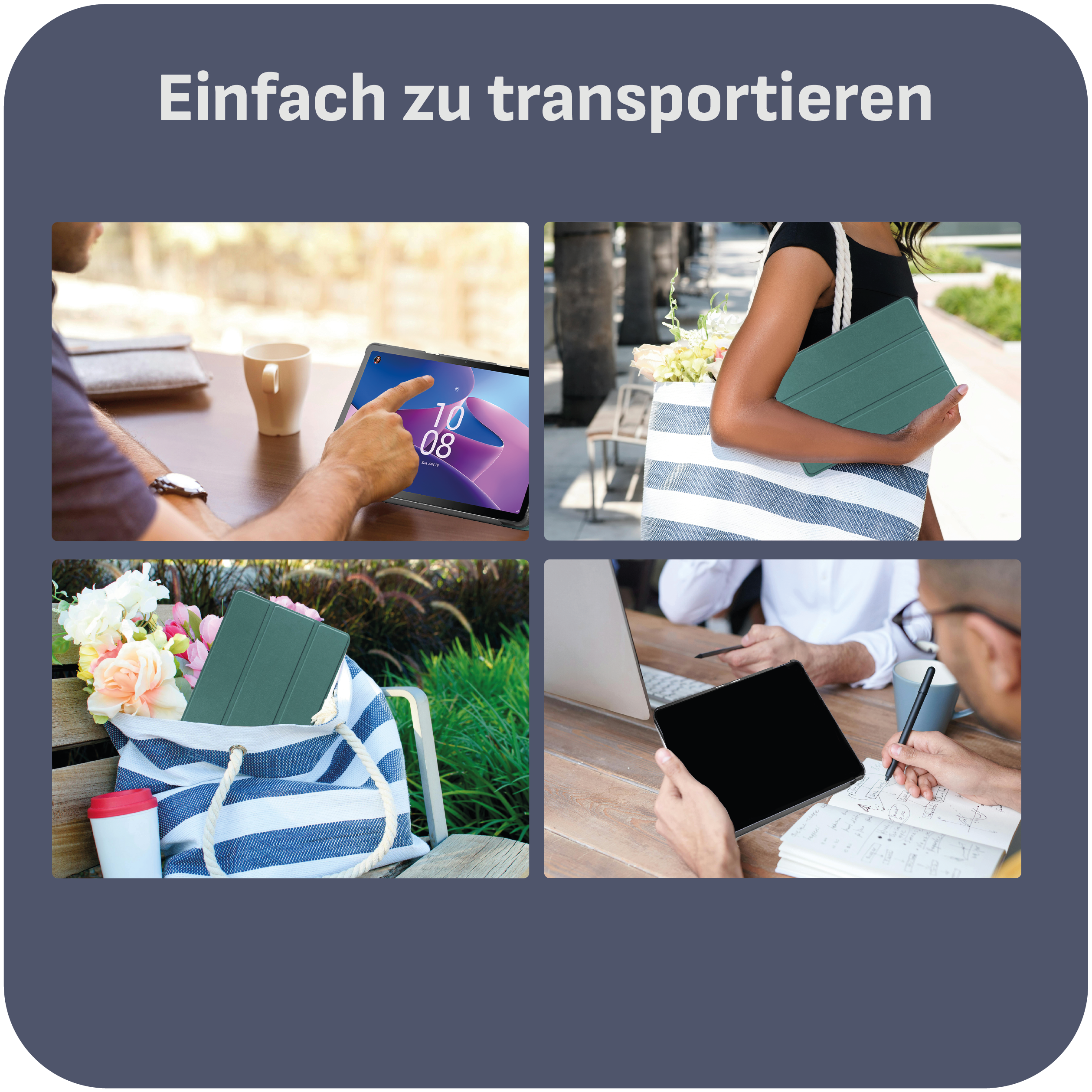Das Bild zeigt ein Tablet in verschiedenen Umgebungen: in Benutzung, in einer Tasche und auf einem Tisch.