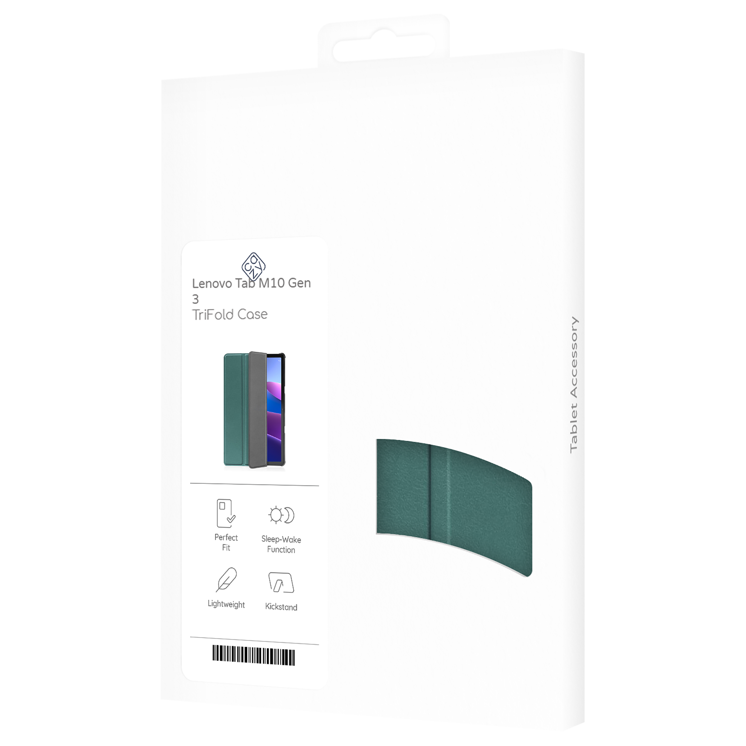 Eine weiße Verpackung zeigt eine grüne Tablethülle. Text: Lenovo Tab M10 Gen 3 TriFold Case. Funktionen sind aufgeführt.
