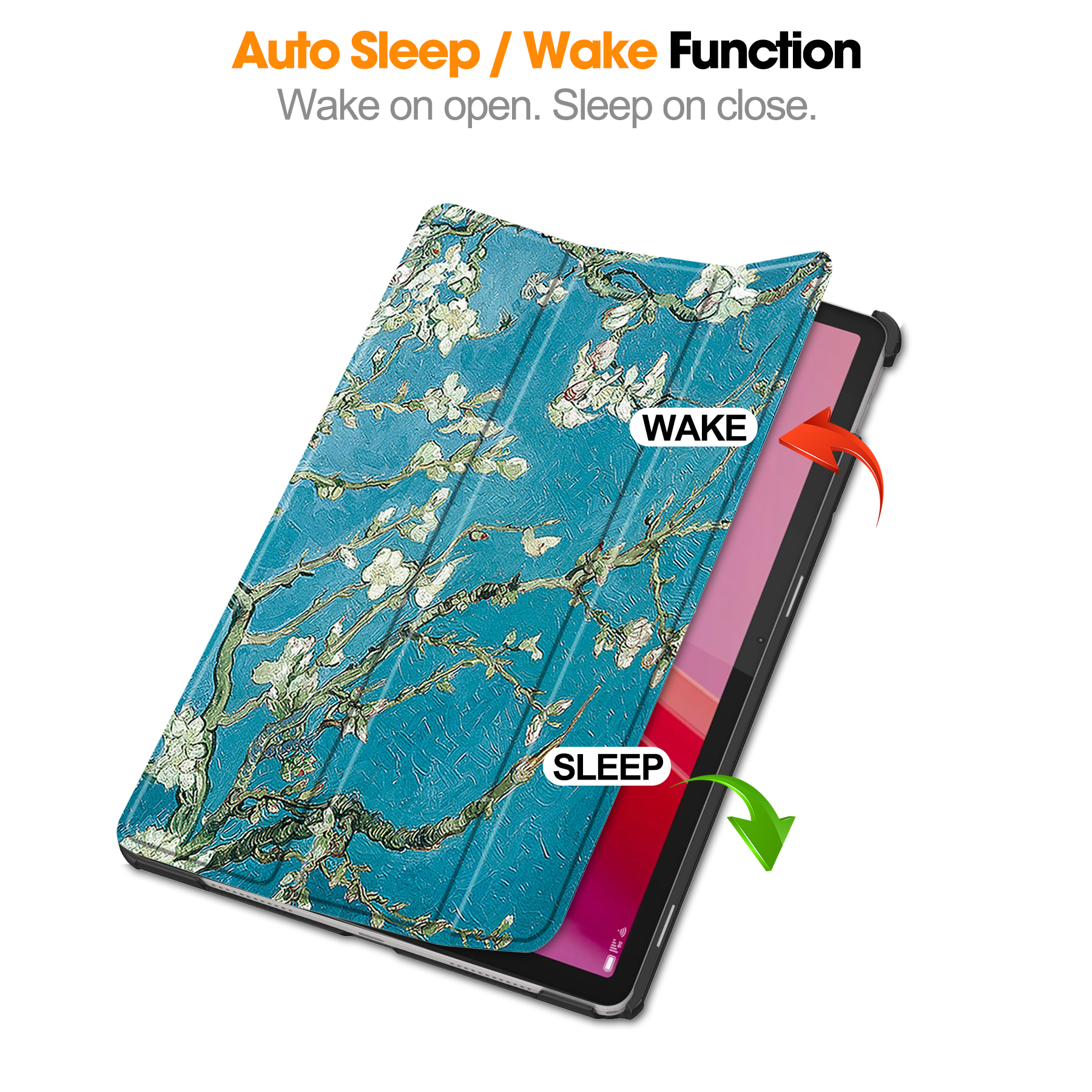 Tablet mit floralem Cover. Pfeile zeigen die Schlaf-/Weckfunktion. Text: 'Auto Sleep/Wake Function'.