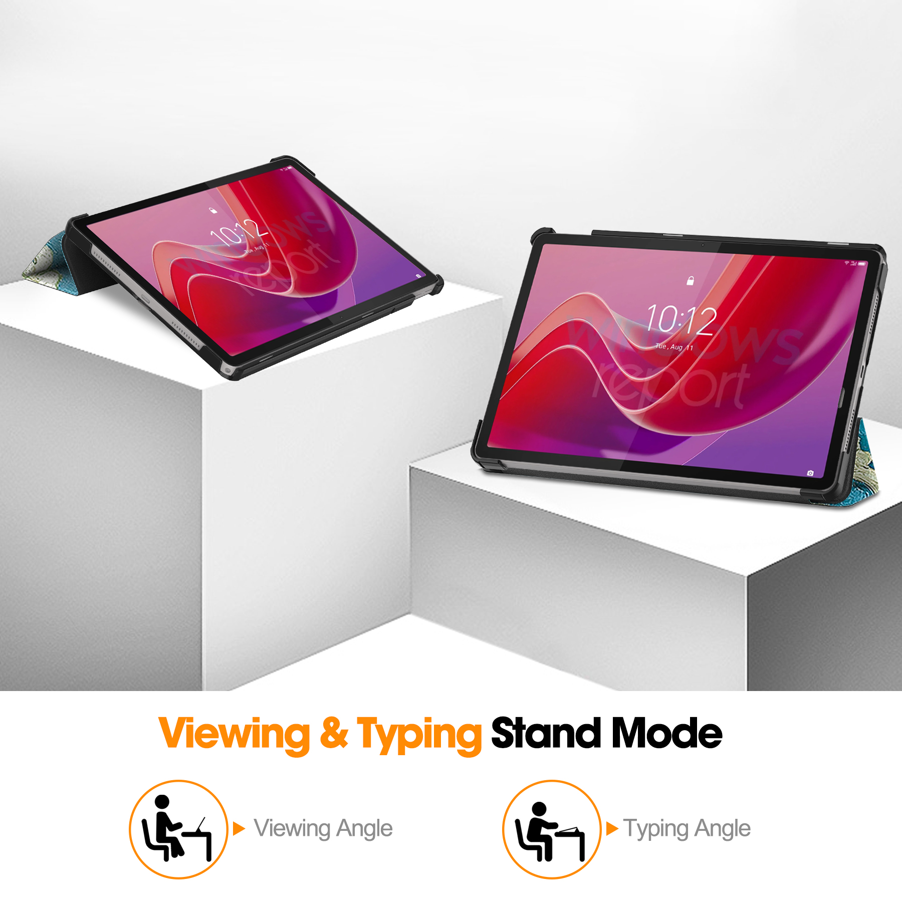 Zwei Tablets in Schutzhüllen auf weißen geometrischen Blöcken, die die Uhrzeit anzeigen. Das Bild zeigt Ansichts- und Tippständer-Modi.