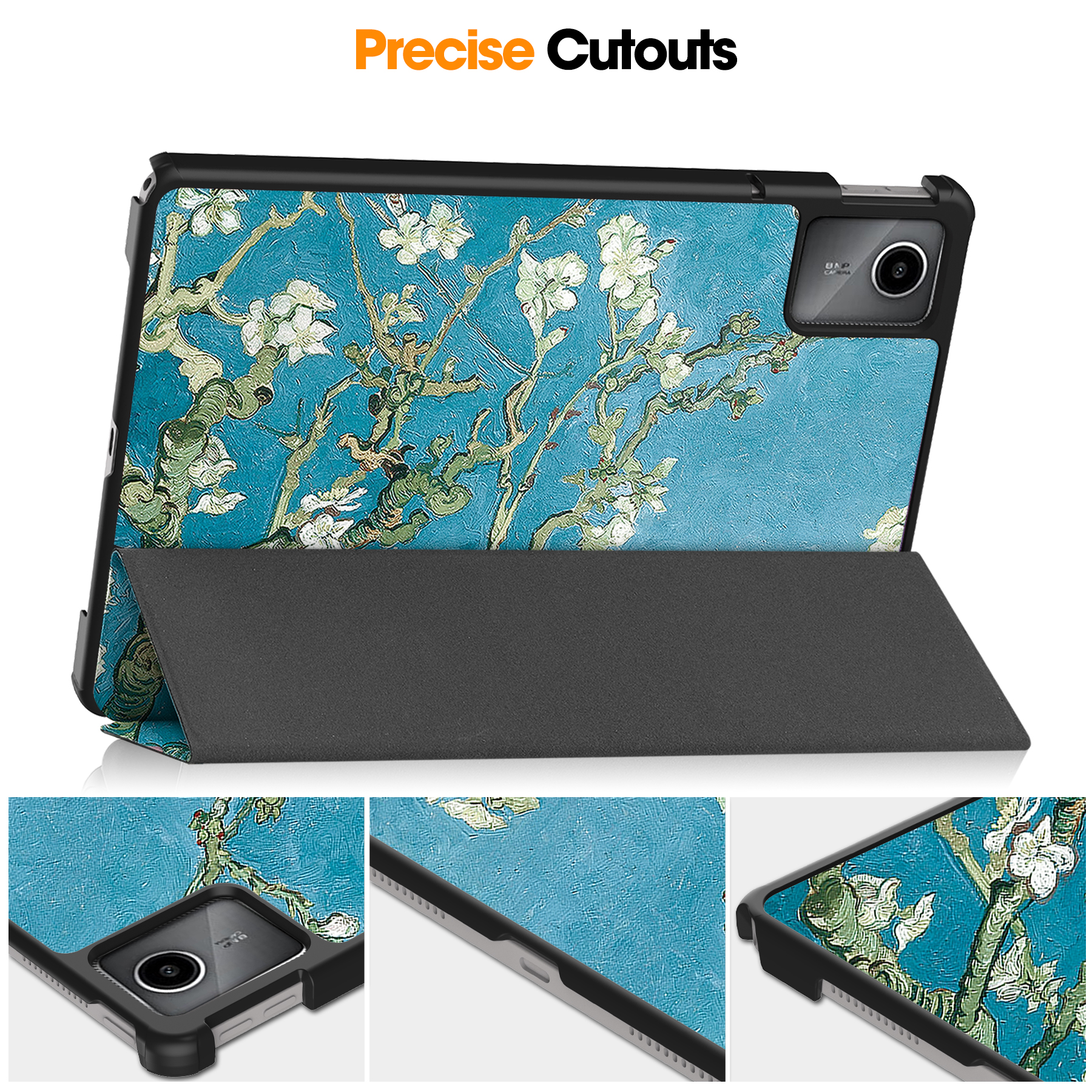 Tablet-Hülle mit Van Goghs Mandelblüten-Kunstwerk. Die Hülle ist schwarz, der Ständer grau. Präzise Ausschnitte sind sichtbar.